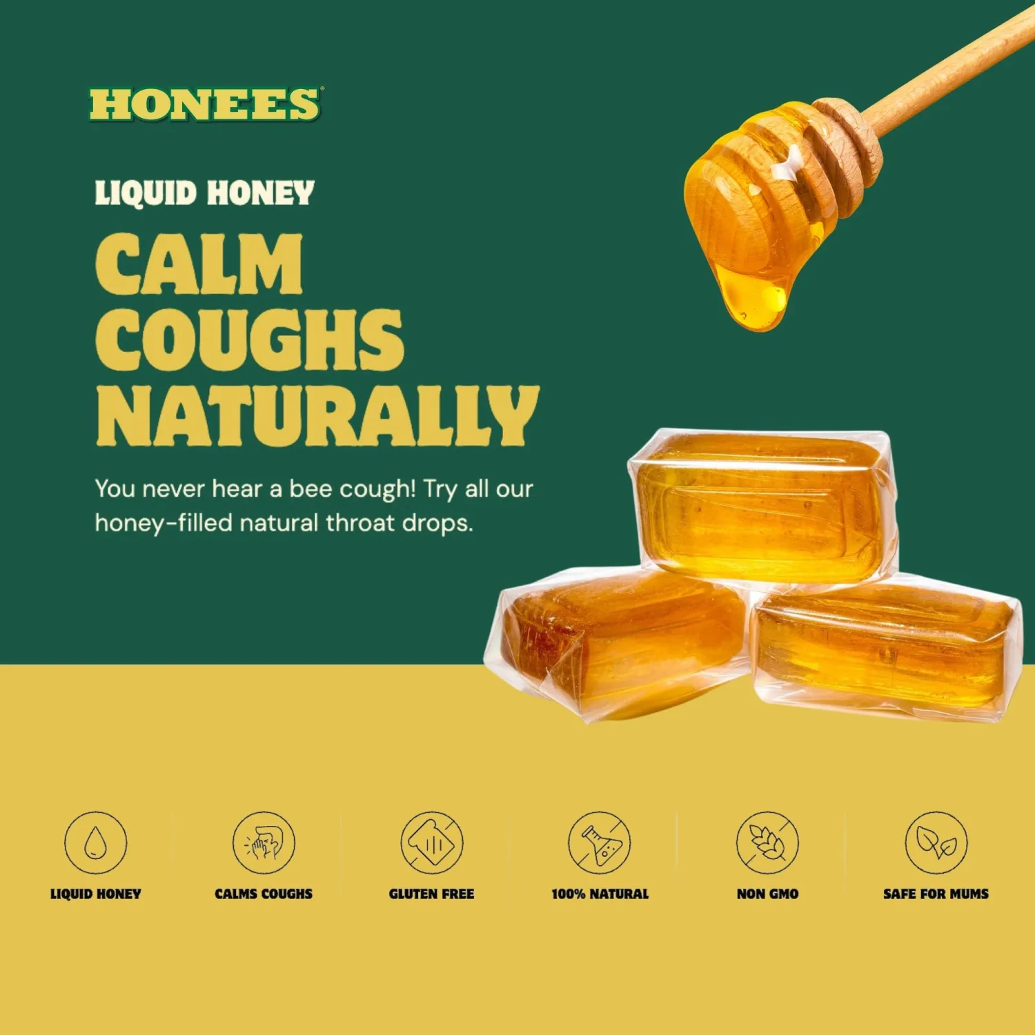 Honees Honey Filled Drops, Variety Pack (Honey, Milk & Honey, Honey Lemon, Menthol and Ginger)-Natural Sore Throat Relief -Throat Lozenges, Nothing Artificial - Non-GMO, Gluten Free (5 Pack-45 Drops)