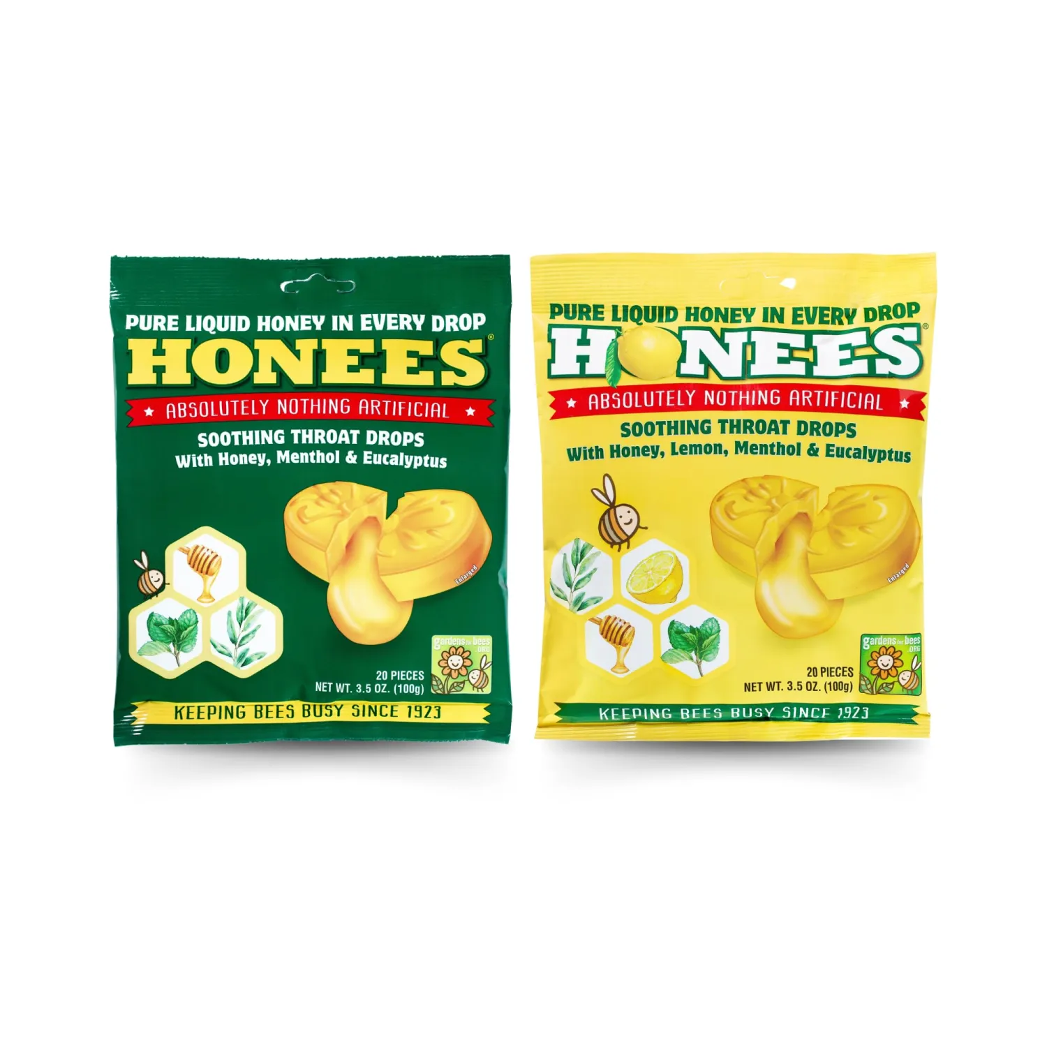 Honees Honey Filled Drops, Variety Pack (Honey and Honey Lemon)-Natural Sore Throat Relief - Throat Lozenges, Nothing Artificial - Non-GMO, Gluten Free (2 Pack-40 Drops)