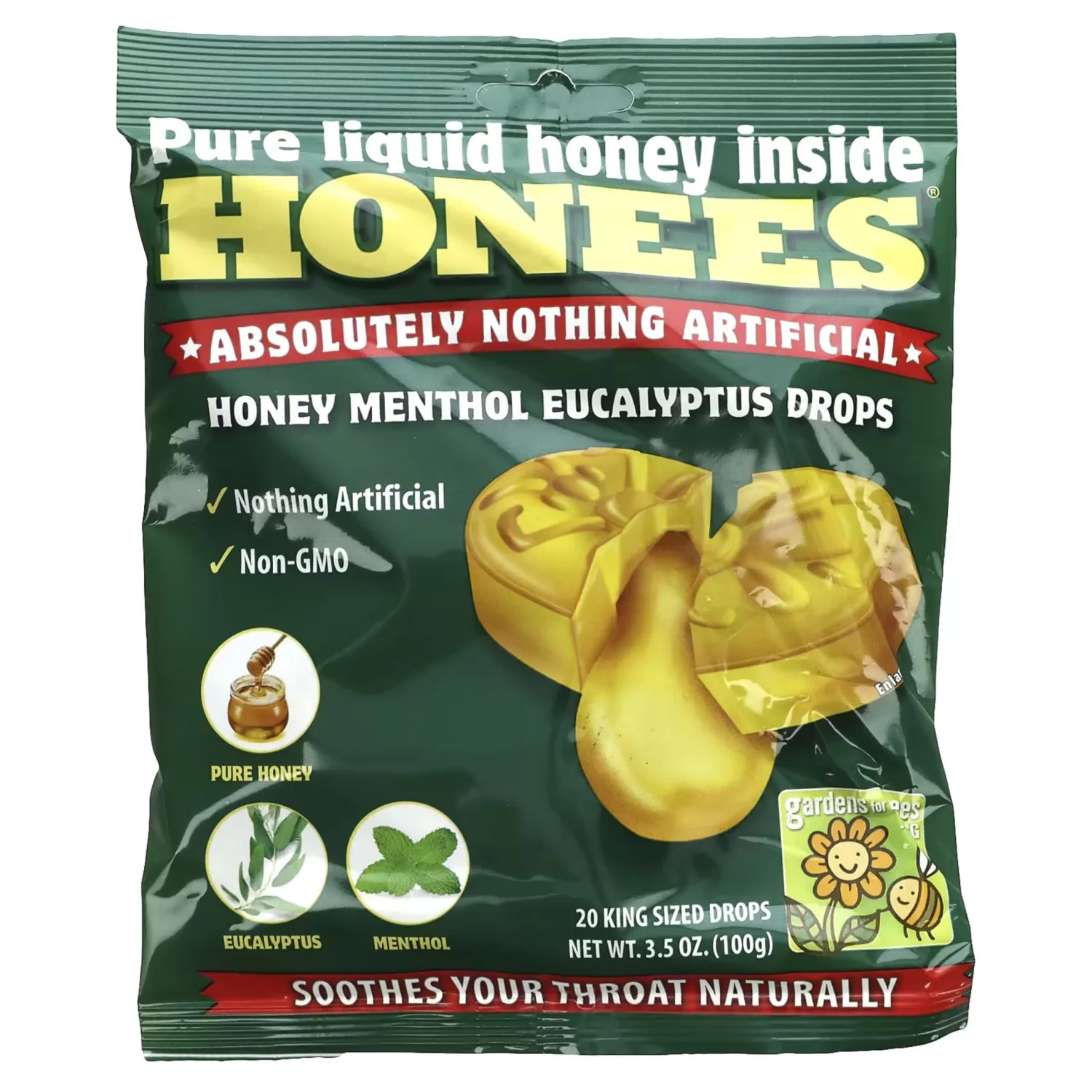 Honees Filled Menthol Cough Drops, Honey, Menthol & Eucalyptus Cough Drops- Natural Sore Throat Relief - Nothing Artificial -Throat Lozenges, Non-GMO, Gluten Free (2 Pack –40 Drops)
