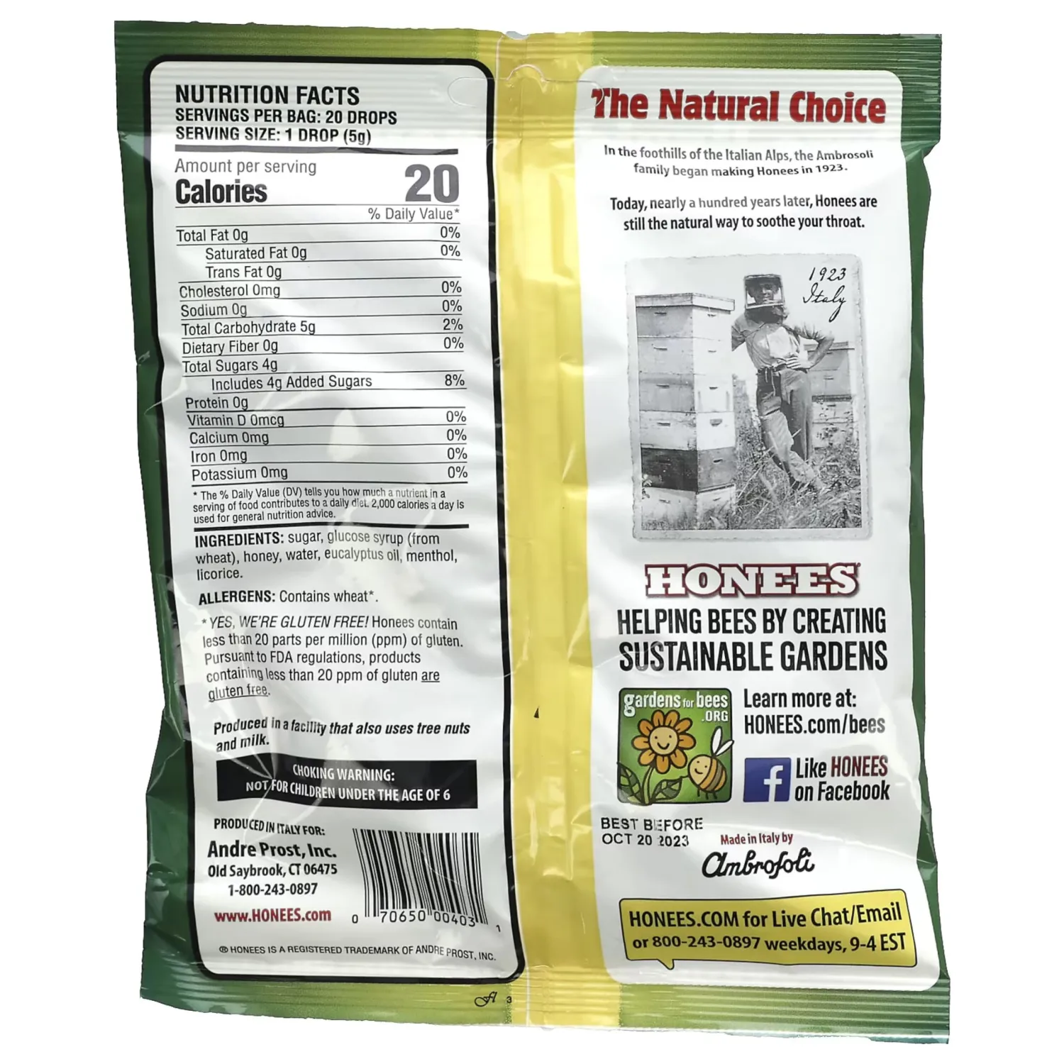 Honees Filled Menthol Cough Drops, Honey, Menthol & Eucalyptus Cough Drops- Natural Sore Throat Relief - Nothing Artificial -Throat Lozenges, Non-GMO, Gluten Free (2 Pack –40 Drops)