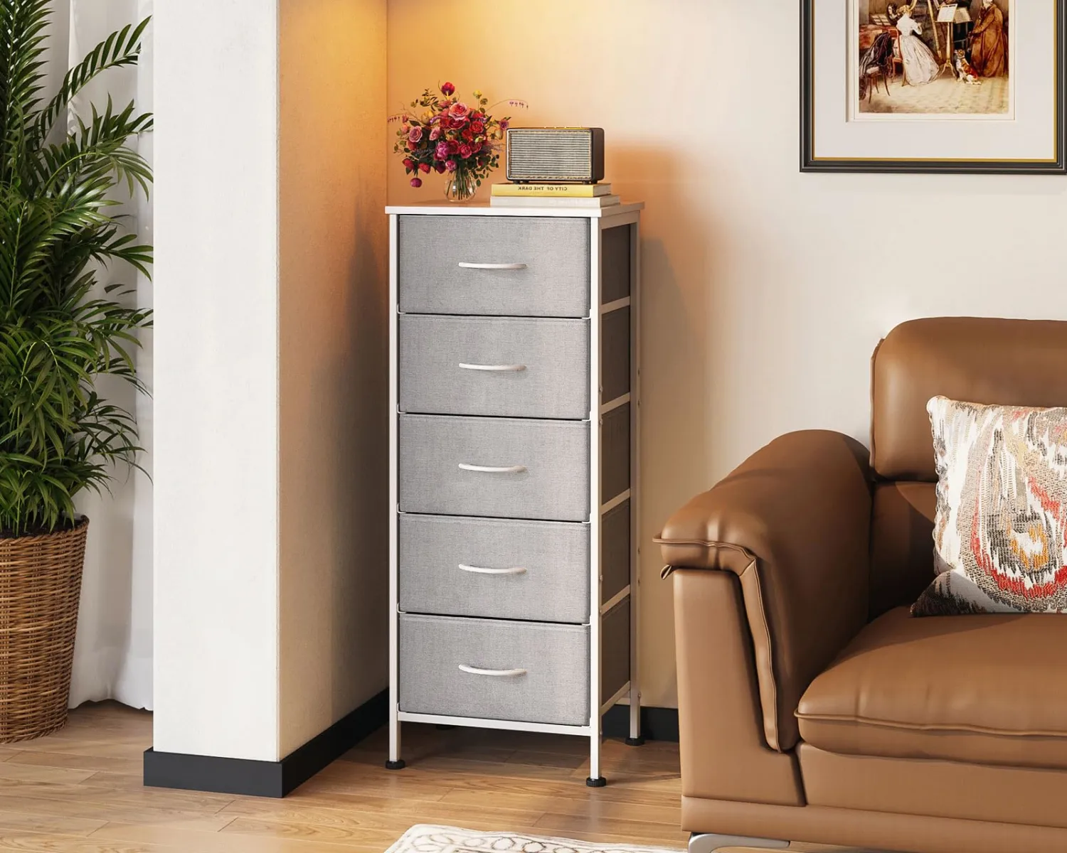 AODK Dresser for Bedroom with 5 Storage Drawers, 48" Tall Chest of Drawers Fabric Dressers with Sturdy Steel Frame, Light Grey