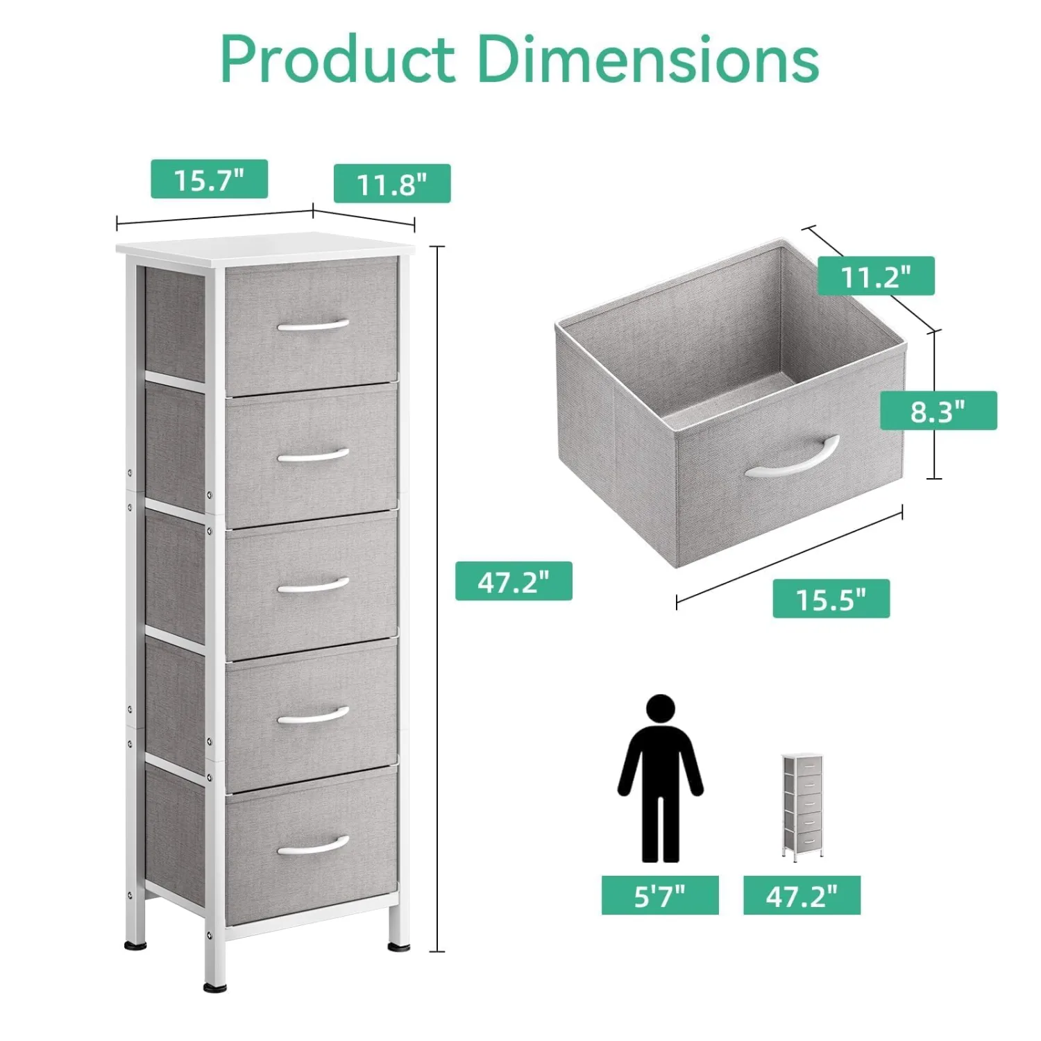 AODK Dresser for Bedroom with 5 Storage Drawers, 48" Tall Chest of Drawers Fabric Dressers with Sturdy Steel Frame, Light Grey
