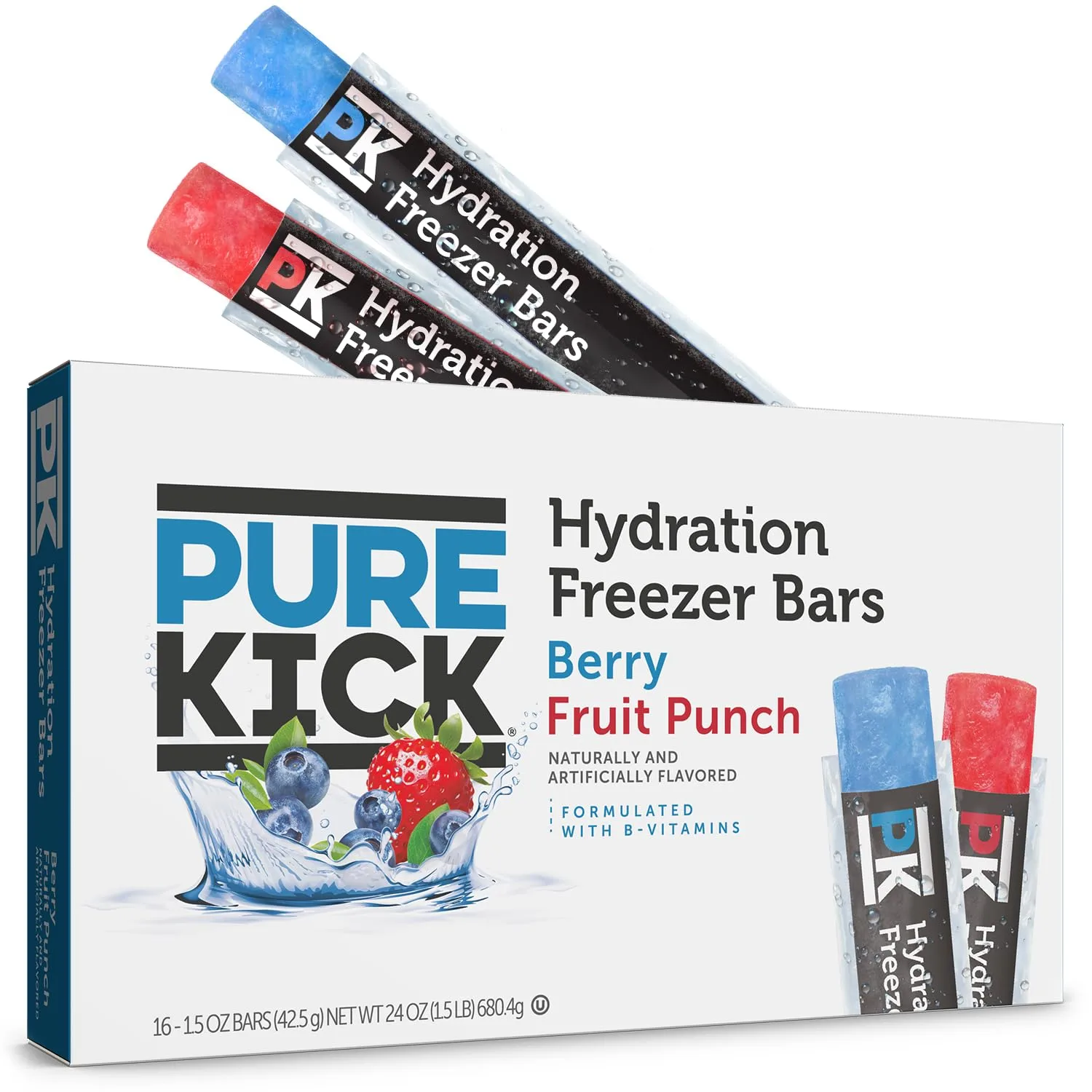 Pure Kick Freezer Bars, 1.5 oz, Hydrating Ice Pops, Naturally Flavored with Other Natural Flavors, Berry and Fruit Punch, 16 Count