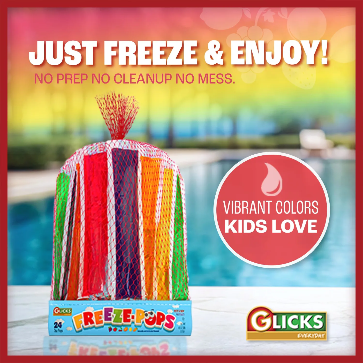 Glicks Freeze Pops, 24 Pack | Assorted Flavors | Frozen Ice Pops | Low Calorie | Fun Summer Treat