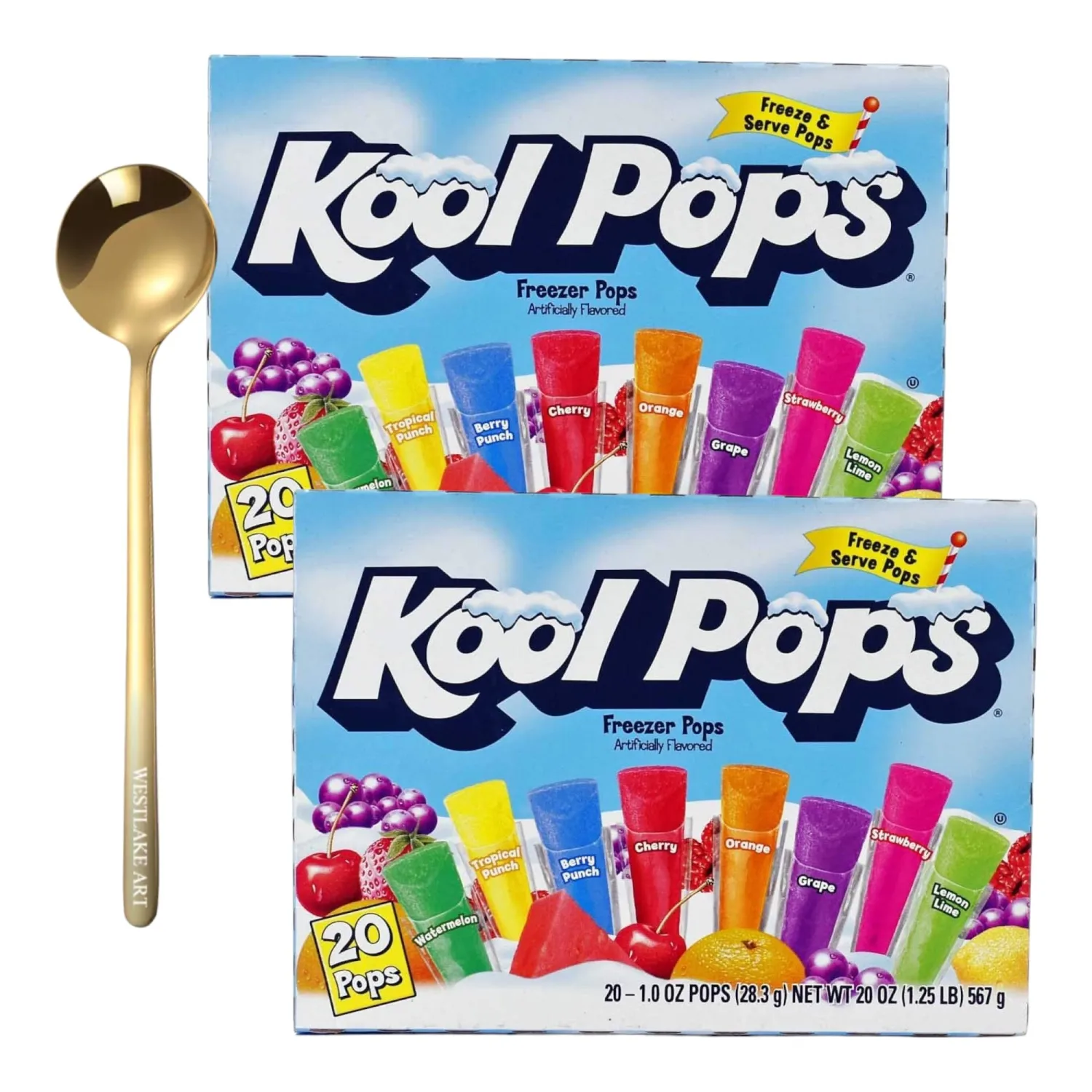 Freezer Pops, 20-Pack Assorted Fruit Ice Pops, 567g, Bundled With Golden Ss Spoon - Summer Snacks For Kids, Convenient Family-Sized Treats, No Artificial Colors [Pack Of 2]