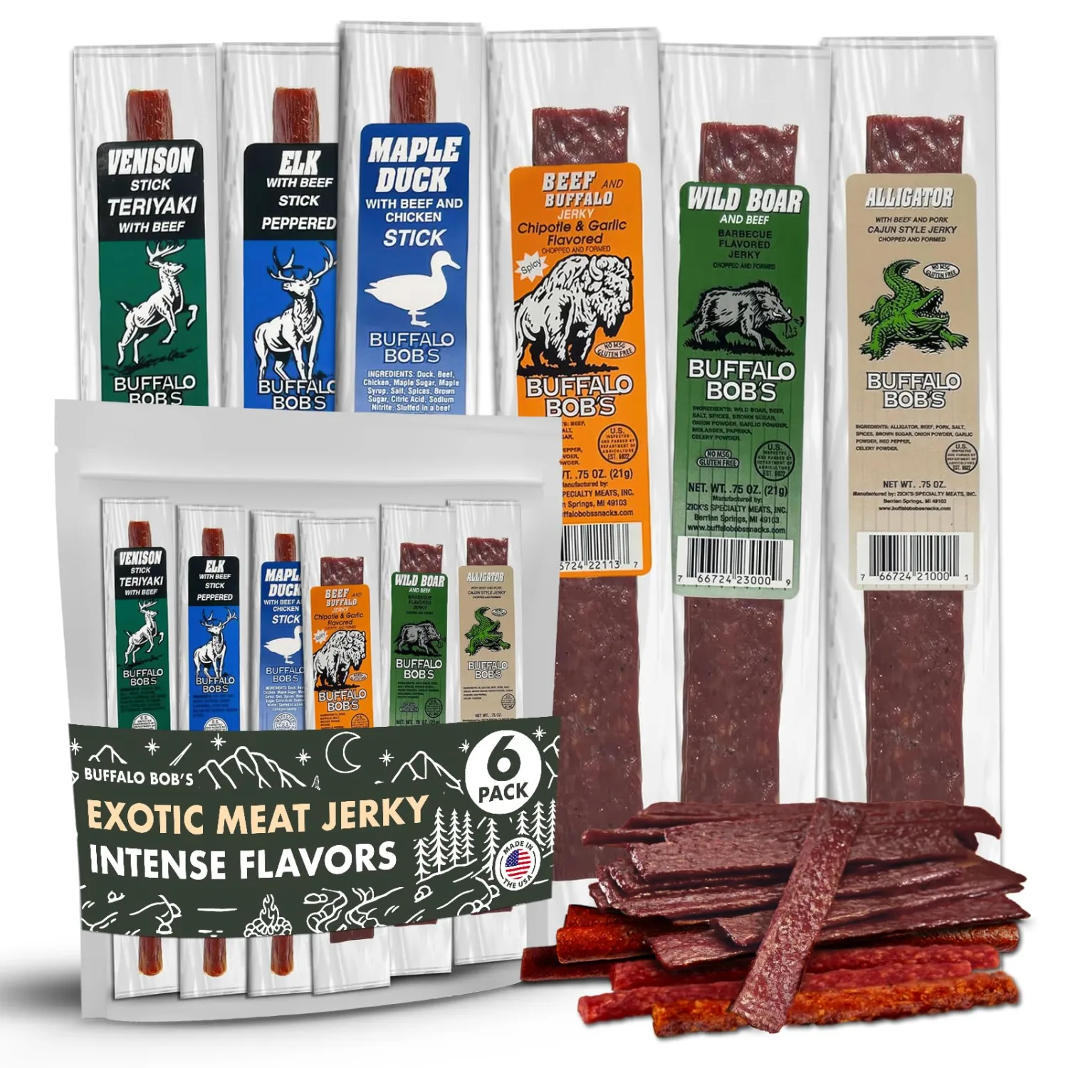 Buffalo Bob's Wild Game Exotic Snacks (6 Pack), Beef Jerky Sampler Gift Pack for Men, Jerky Variety Gift Set, Jerky Snack Box, Meat Gifts for Men, Bison Jerky for Humans, Jerky Packs, Keto Gifts