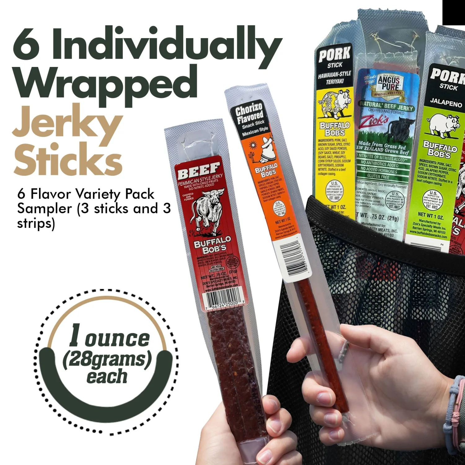 Buffalo Bob's Wild Game Meat Snacks (6 Pack), Traditional Assortment Sampler, Beef Jerky Gifts for Men, Deer Jerky Gift Box, Jerky Sampler Gift Box, Variety Assorted Gift Pack, Deer Snacks