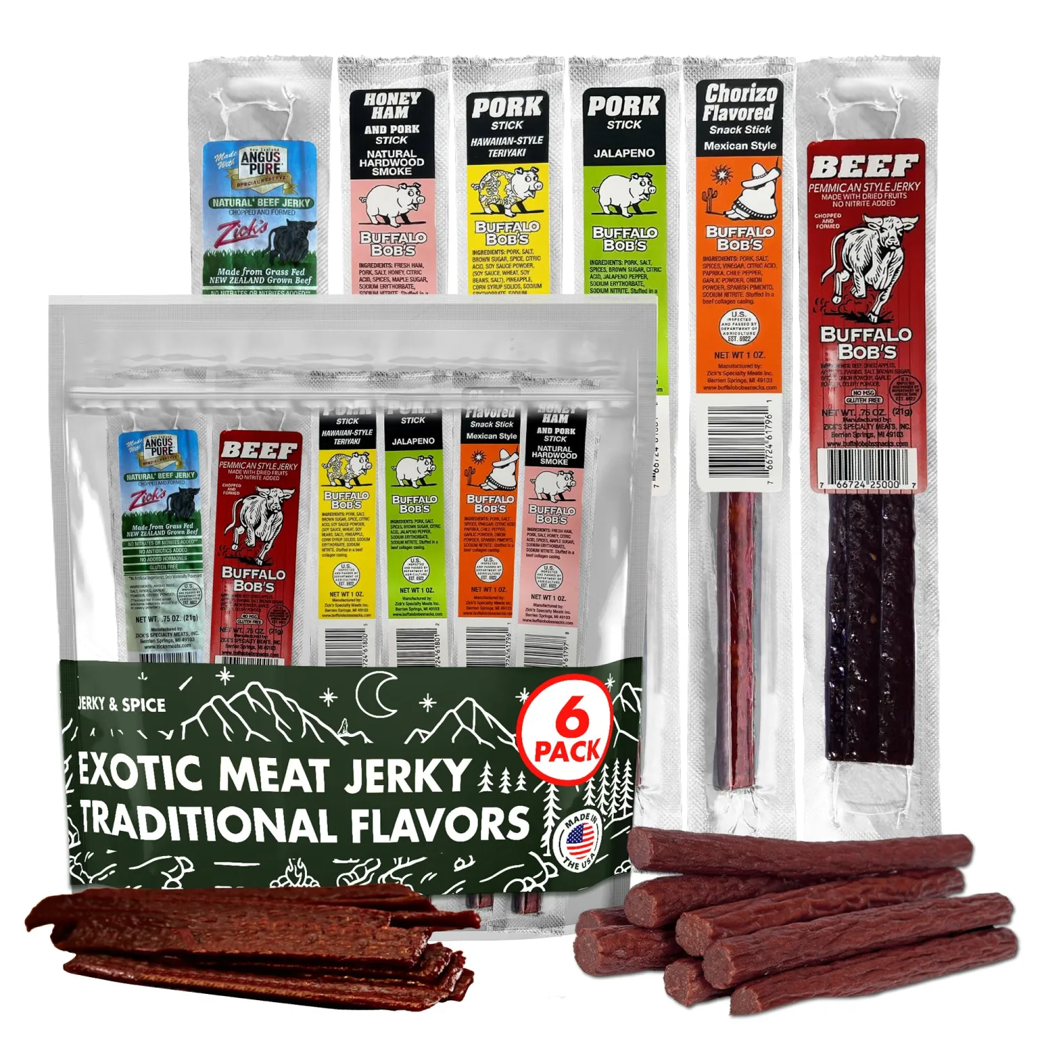 Buffalo Bob's Wild Game Meat Snacks (6 Pack), Traditional Assortment Sampler, Beef Jerky Gifts for Men, Deer Jerky Gift Box, Jerky Sampler Gift Box, Variety Assorted Gift Pack, Deer Snacks
