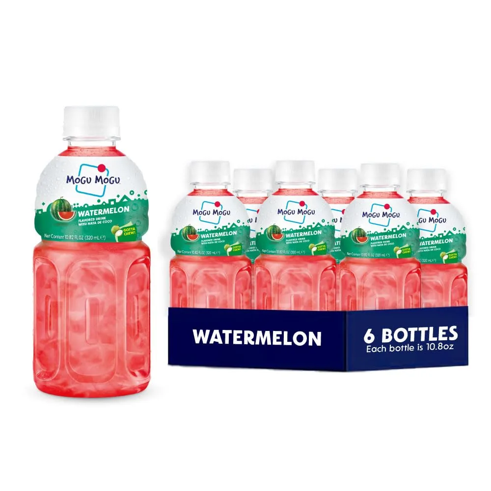 Mogu Mogu Watermelon Juice Drink with Nata de Coco – Chewy Coconut Jelly & Sweet Watermelon Flavor, 10.8oz Bottles (Pack of 6) – Refreshing, Fruity, and Fun-to-Drink Beverage