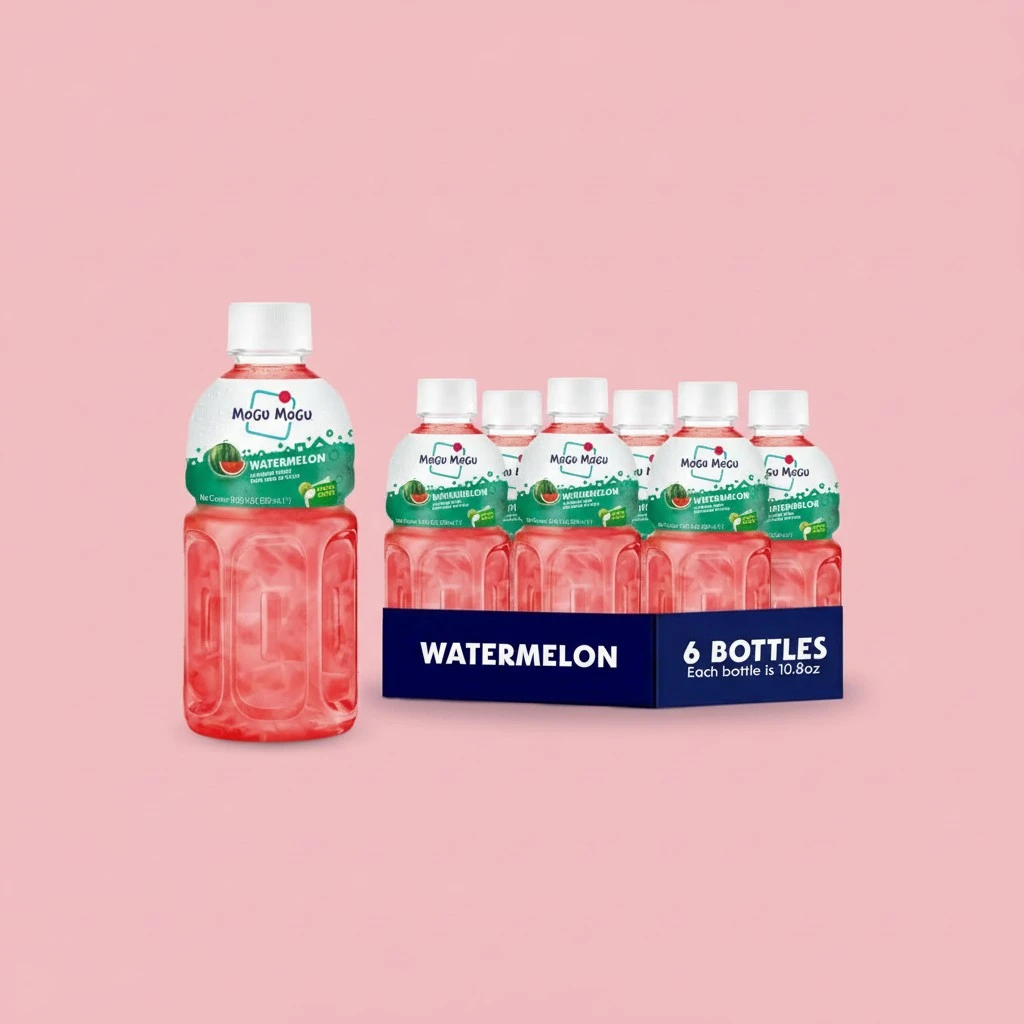 Mogu Mogu Watermelon Juice Drink with Nata de Coco – Chewy Coconut Jelly & Sweet Watermelon Flavor, 10.8oz Bottles (Pack of 6) – Refreshing, Fruity, and Fun-to-Drink Beverage