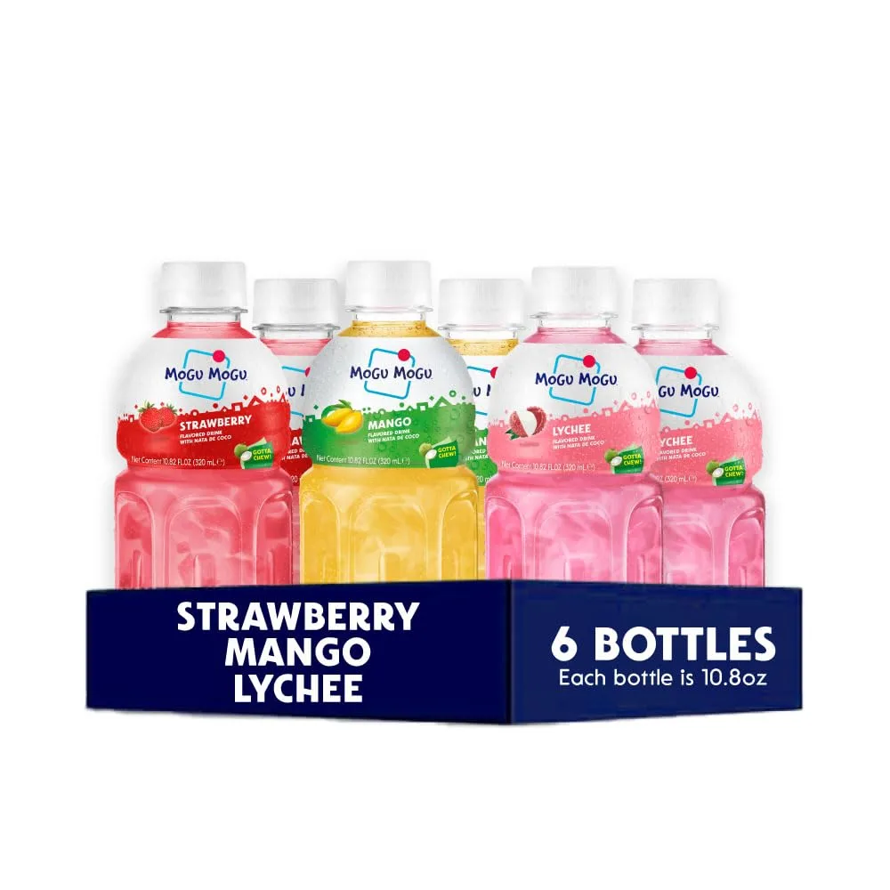 Mogu Mogu drink Variety Pack (6 Bottles) Drinks for kids made with fruit juice variety pack and nata de coco (coconut jelly) Fun chewable juice boxes for kids. Juice bottles with Lychee Juice, Mango Juice and Strawberry Juice