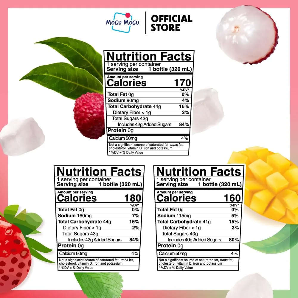 Mogu Mogu drink Variety Pack (6 Bottles) Drinks for kids made with fruit juice variety pack and nata de coco (coconut jelly) Fun chewable juice boxes for kids. Juice bottles with Lychee Juice, Mango Juice and Strawberry Juice