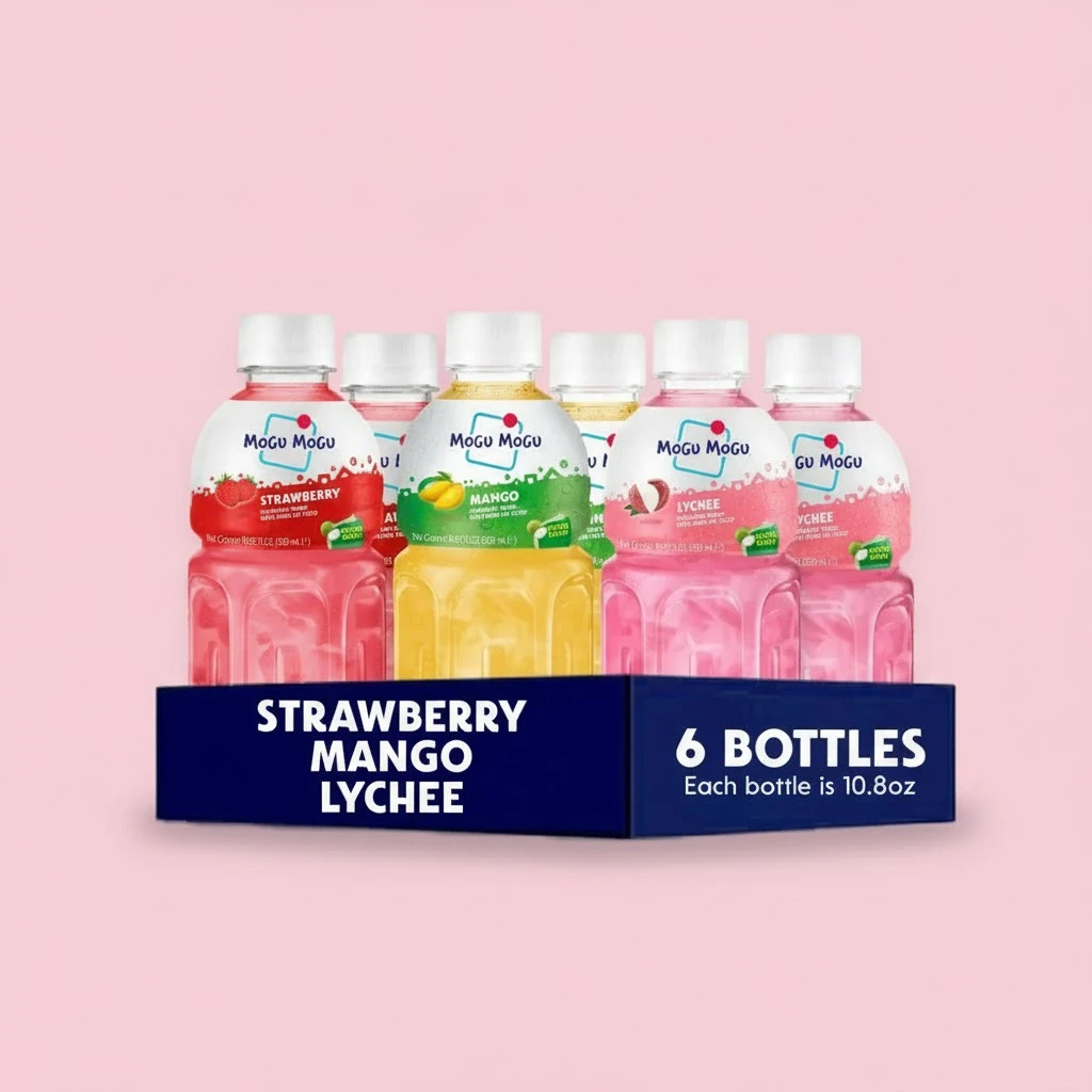 Mogu Mogu drink Variety Pack (6 Bottles) Drinks for kids made with fruit juice variety pack and nata de coco (coconut jelly) Fun chewable juice boxes for kids. Juice bottles with Lychee Juice, Mango Juice and Strawberry Juice