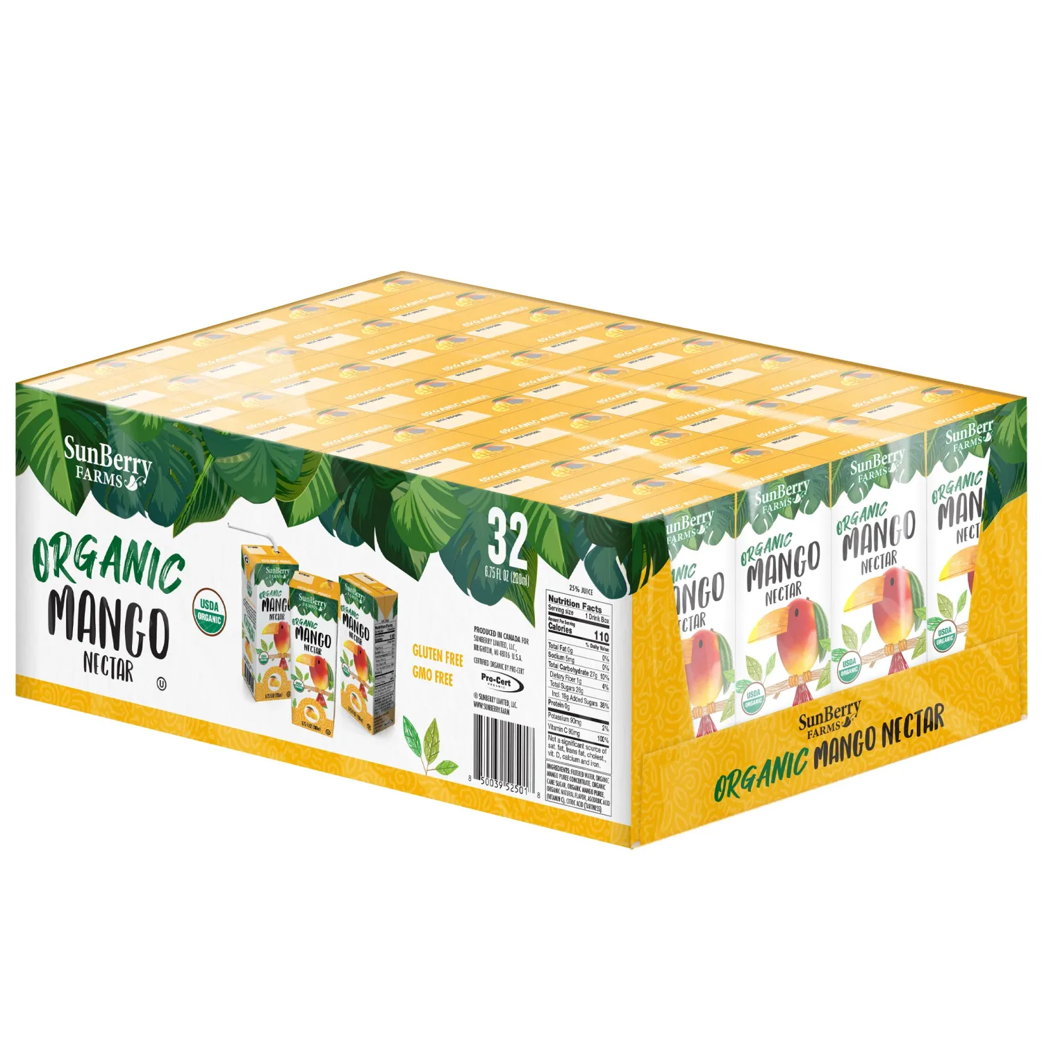 Sunberry Farms Organic Mango Nectar Juice Boxes, 6.75 Fl oz, 32 Pack, Gluten Free, non-GMO, All Natural
