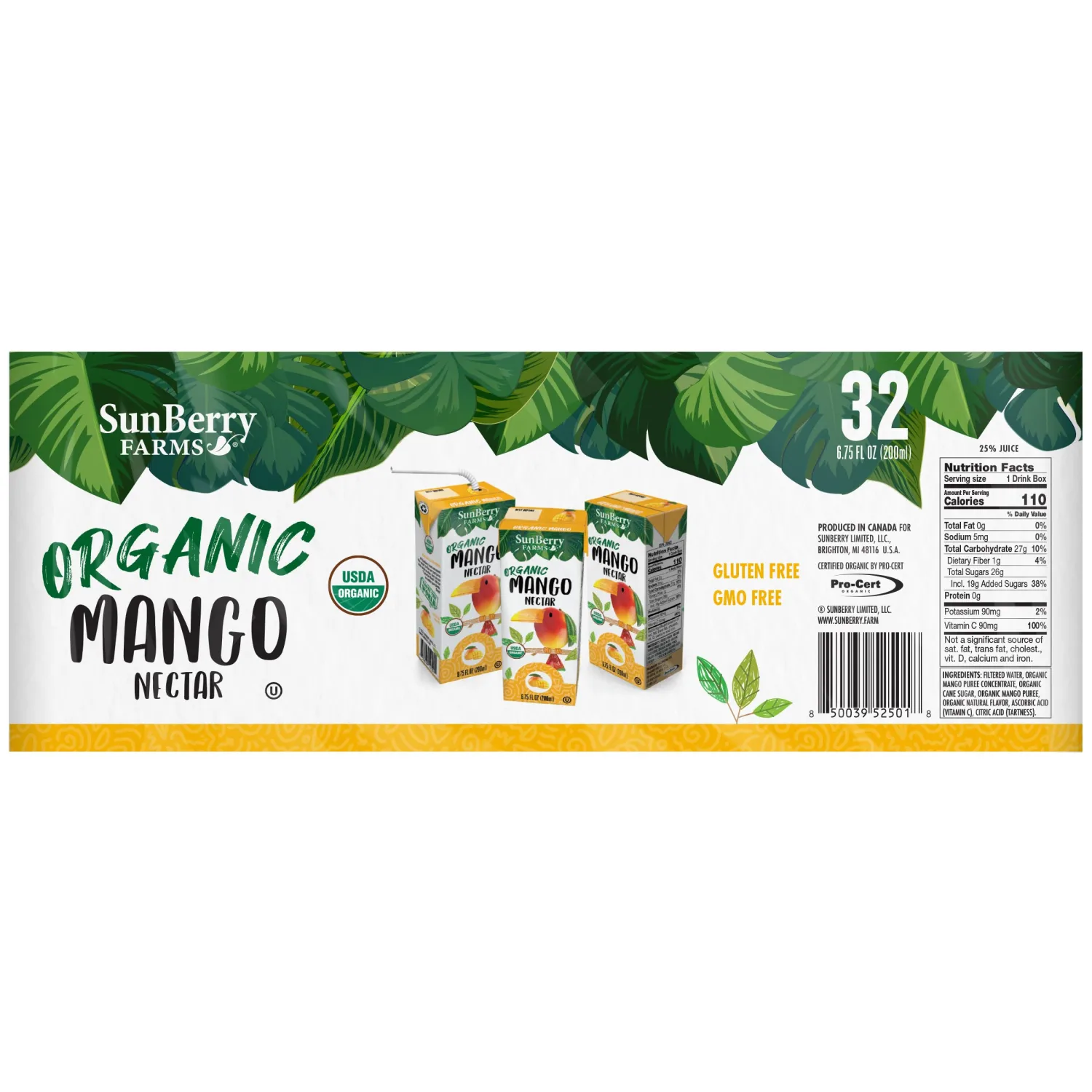 Sunberry Farms Organic Mango Nectar Juice Boxes, 6.75 Fl oz, 32 Pack, Gluten Free, non-GMO, All Natural