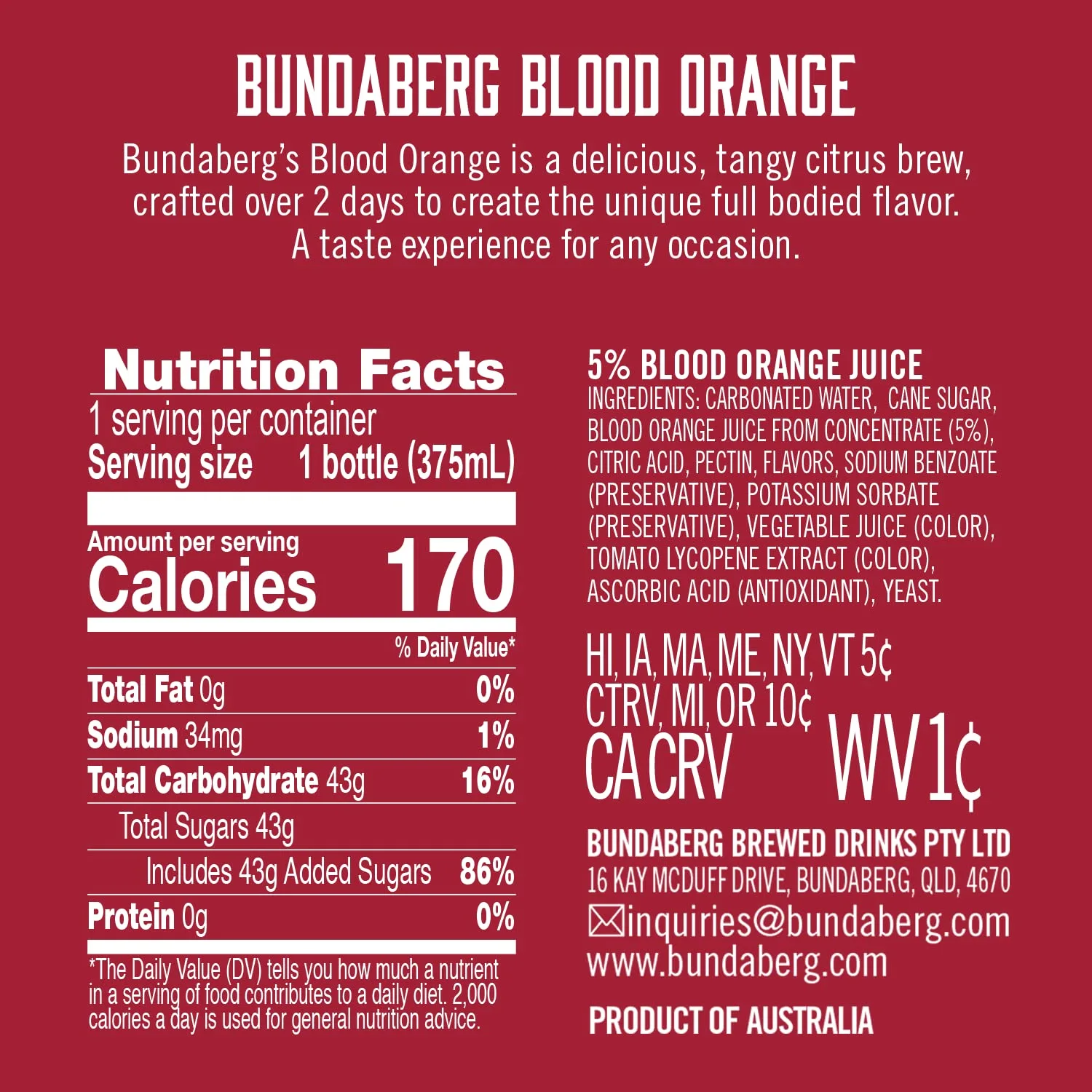 Bundaberg Sparking Fruit Drink, Blood Orange, 12.7 fl oz, 4 Count