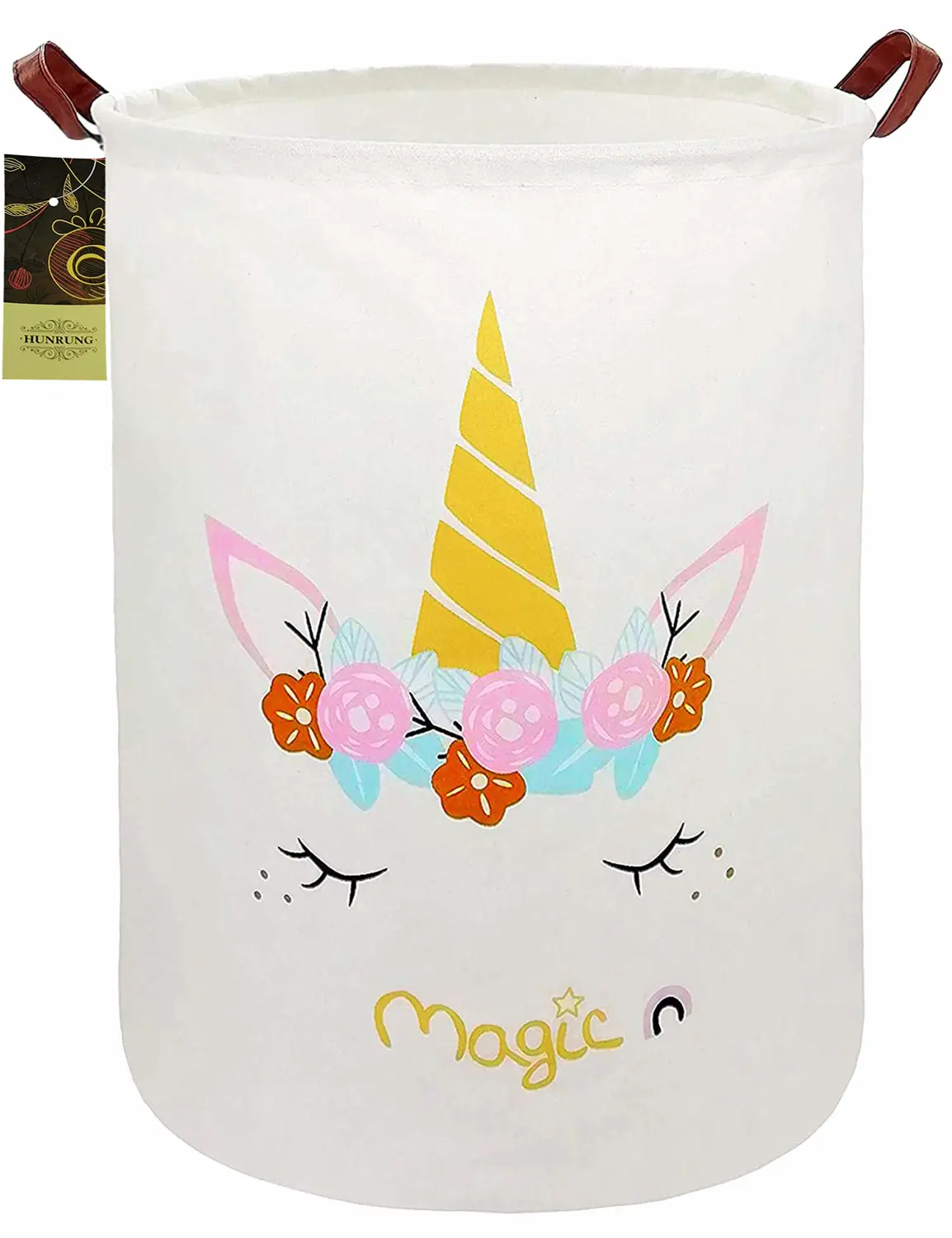 HUNRUNG Laundry Hamper,Large Canvas Fabric Lightweight Storage Basket Toy Organizer Dirty Clothes Collapsible Waterproof for College Dorms, Children Bedroom,Bathroom (Round-Magic-Unicorn)