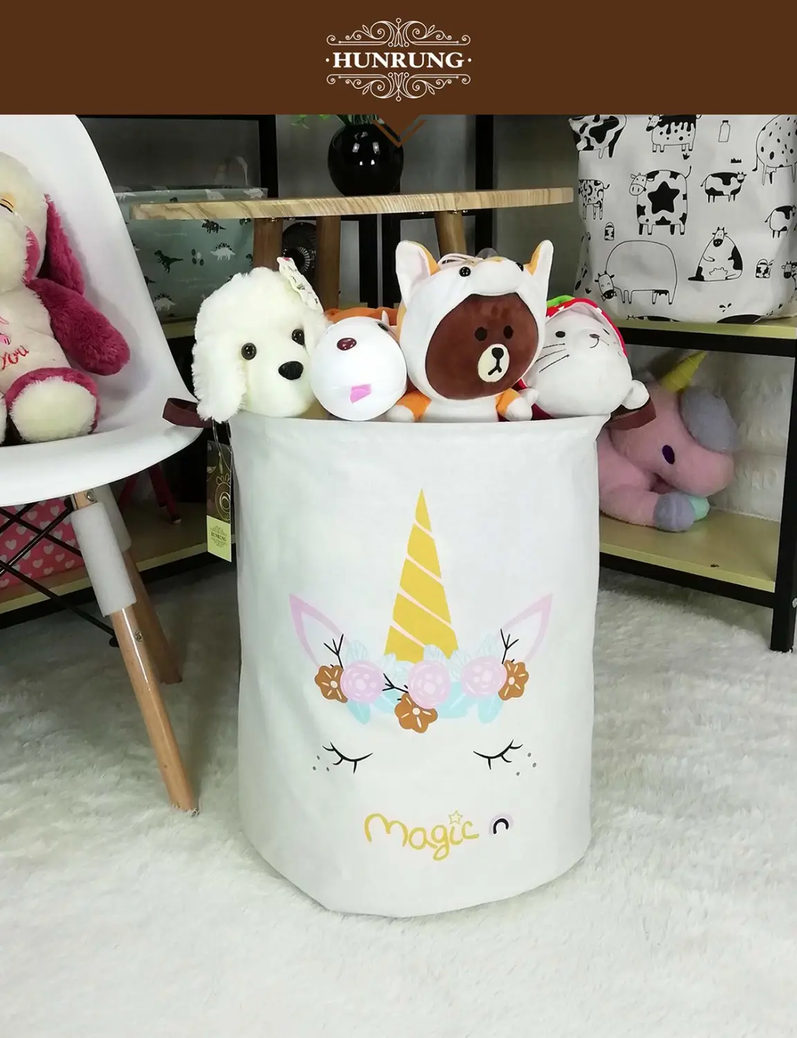 HUNRUNG Laundry Hamper,Large Canvas Fabric Lightweight Storage Basket Toy Organizer Dirty Clothes Collapsible Waterproof for College Dorms, Children Bedroom,Bathroom (Round-Magic-Unicorn)