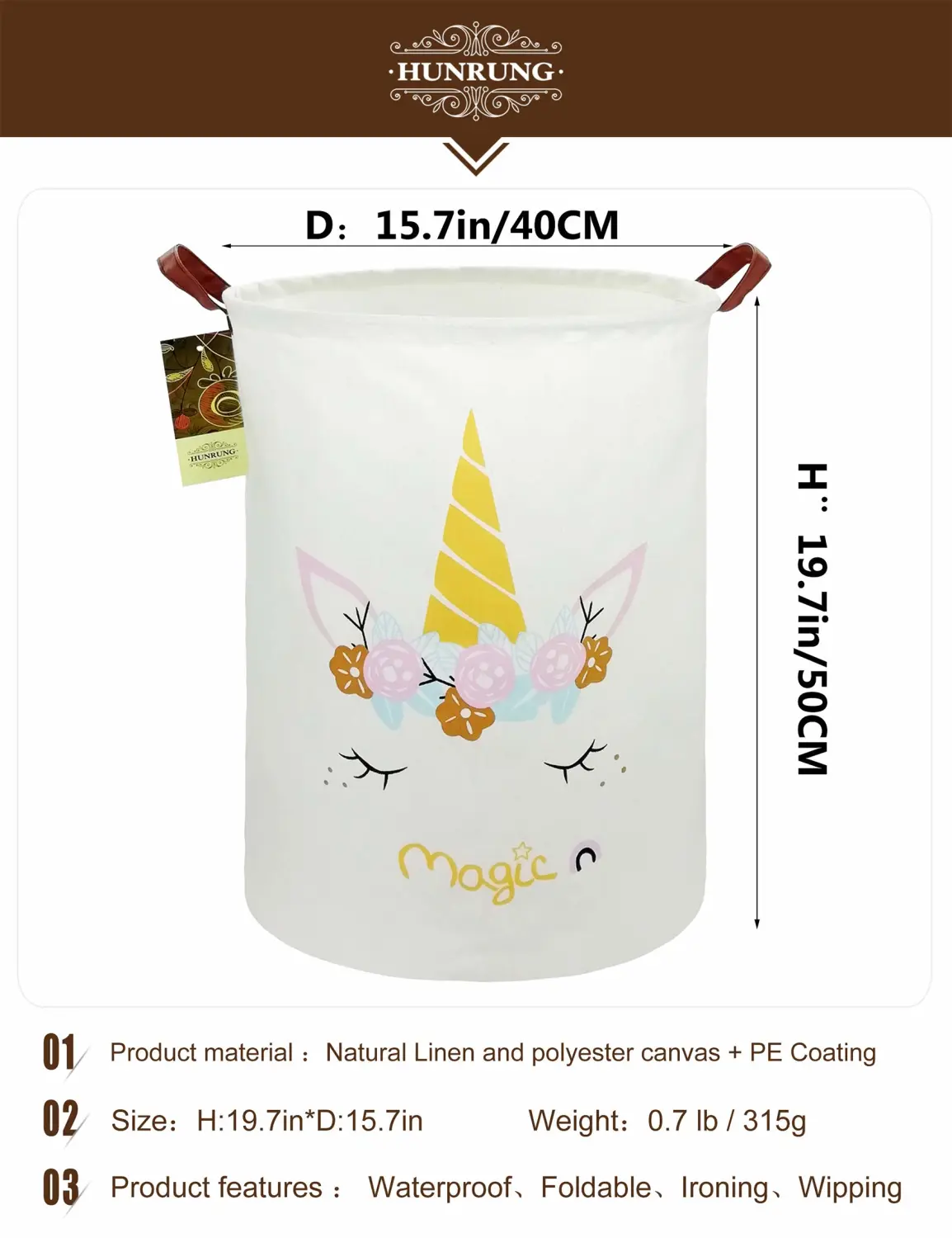 HUNRUNG Laundry Hamper,Large Canvas Fabric Lightweight Storage Basket Toy Organizer Dirty Clothes Collapsible Waterproof for College Dorms, Children Bedroom,Bathroom (Round-Magic-Unicorn)