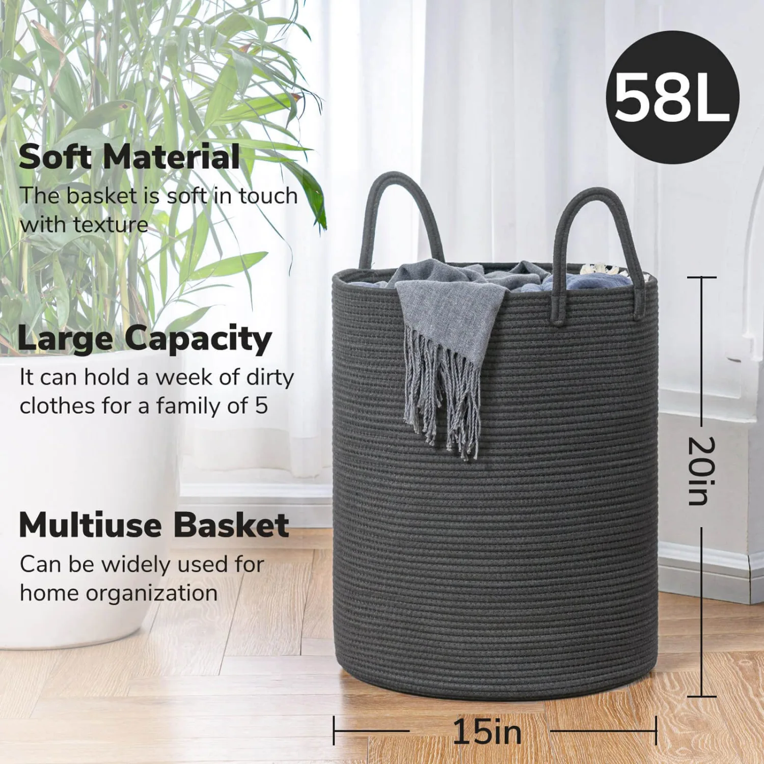 Goodpick Laundry Basket, Baby Cotton Rope Basket Tall Storage Basket for Clothes, Blankets, Toys, Towels, Grey Laundry Hamper for Nursery, Living Room, Bedroom, Bathroom, 15 x 20 inches, 58L