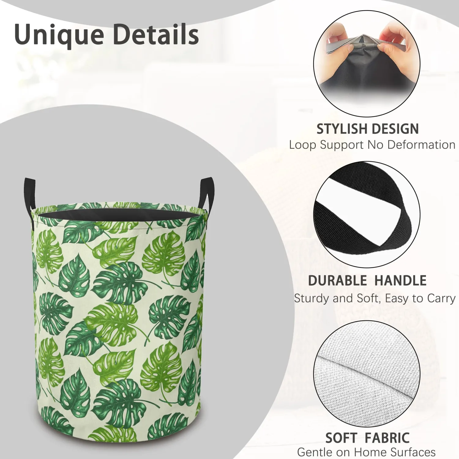 Tropical Palm Laundry Hamper,Green Leaves Clothes Hamper,Waterproof Oxford Storage Collapsible Laundry Basket for Dorm Room,Bedroom,Bathroom,16x20 Inch