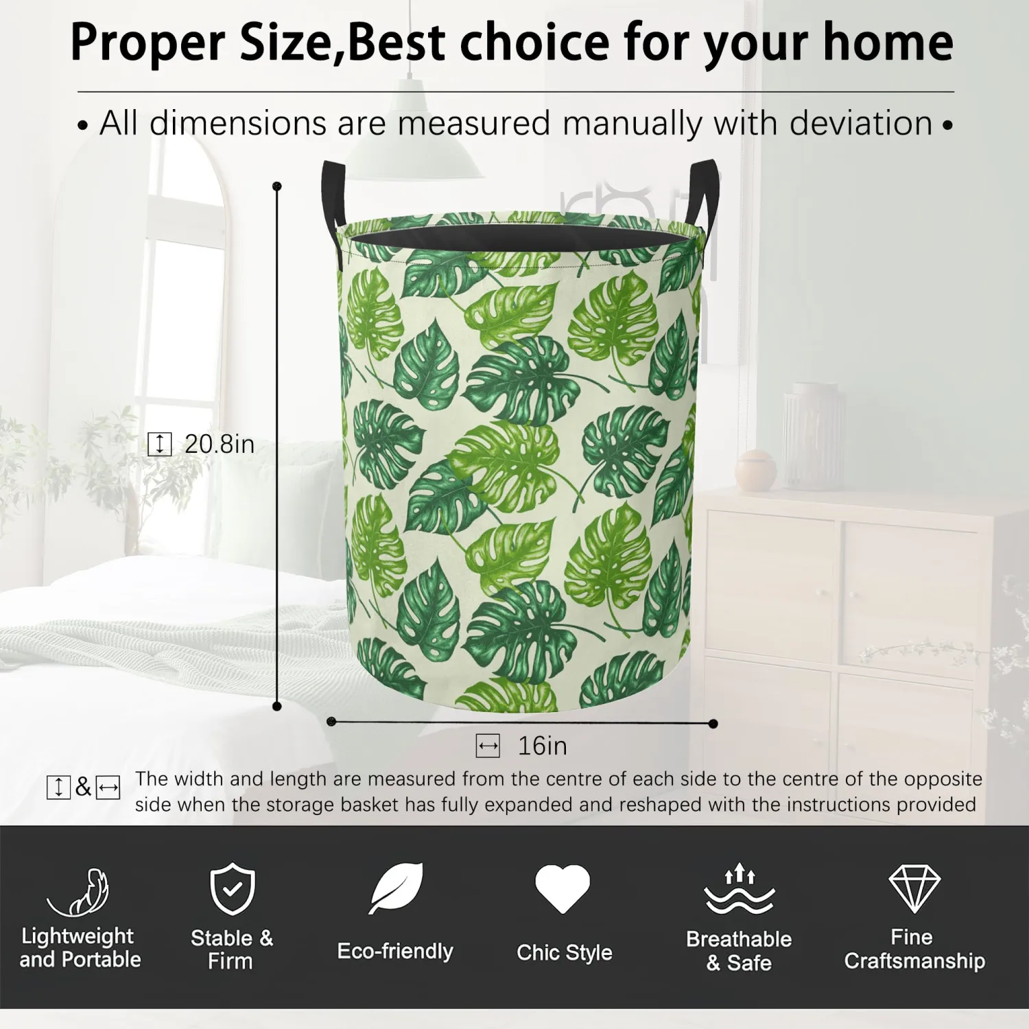 Tropical Palm Laundry Hamper,Green Leaves Clothes Hamper,Waterproof Oxford Storage Collapsible Laundry Basket for Dorm Room,Bedroom,Bathroom,16x20 Inch