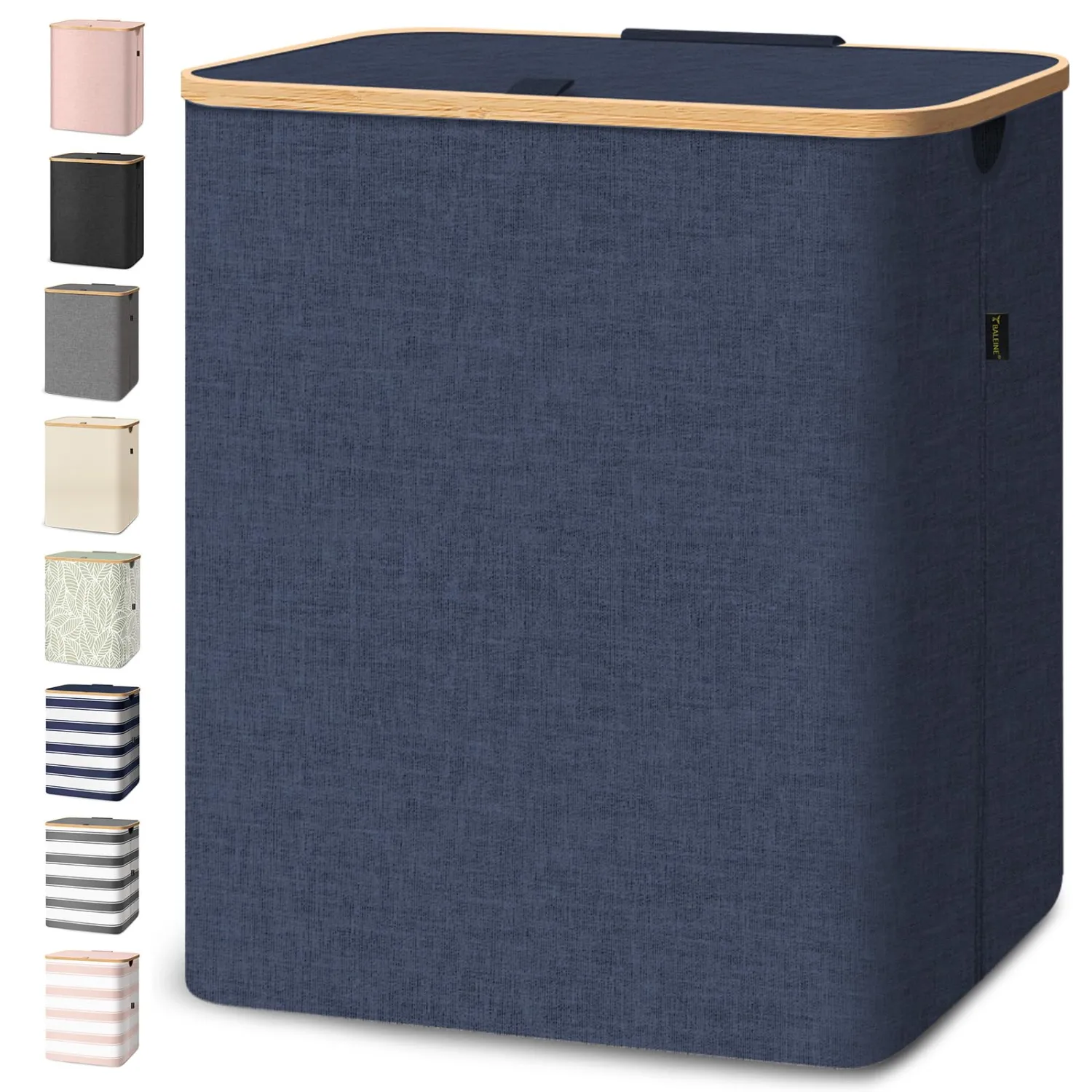 BALEINE Laundry Hamper with Lid, Tall Laundry Baskets with Bamboo Pull Handles, Large Laundry Bin with Internal Support (36 Gal/140L, Blue)