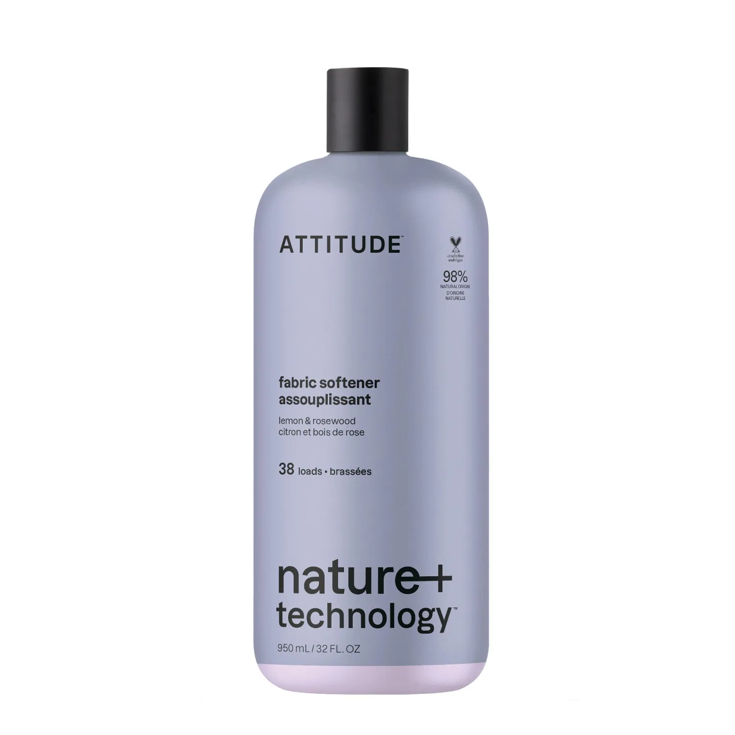 ATTITUDE Liquid Fabric Softener, Natural Origin Ingredients, For White and Colored Clothing, Deodorizes, Gentle on Delicate Skin, Lemon & Rosewood, 38 Loads, 32 Fl Oz