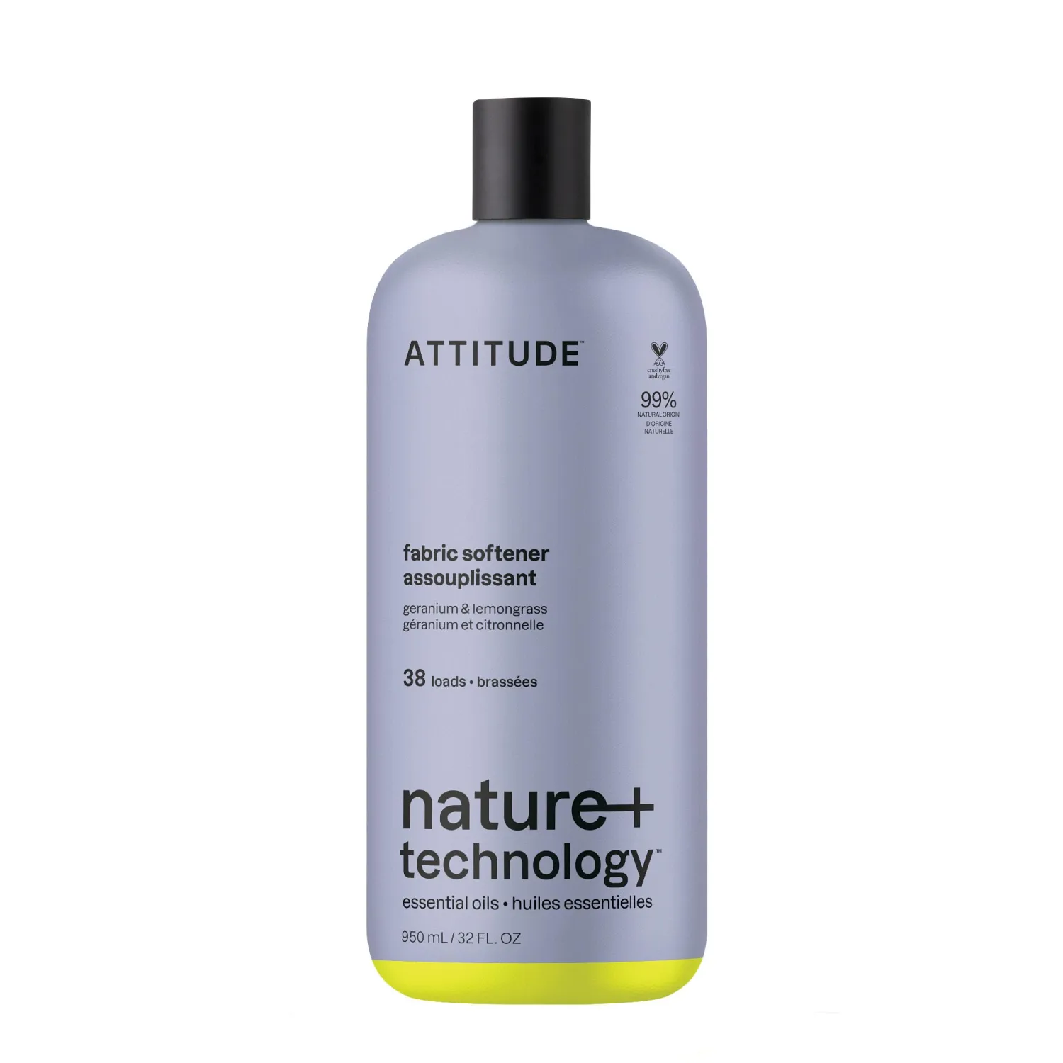 ATTITUDE Liquid Fabric Softener, Natural Origin Ingredients, For White and Colored Clothing, Deodorizes, Gentle on Delicate skin, Infused With Essential Oils, Geranium & Lemongrass, 38 Loads, 32 Fl Oz