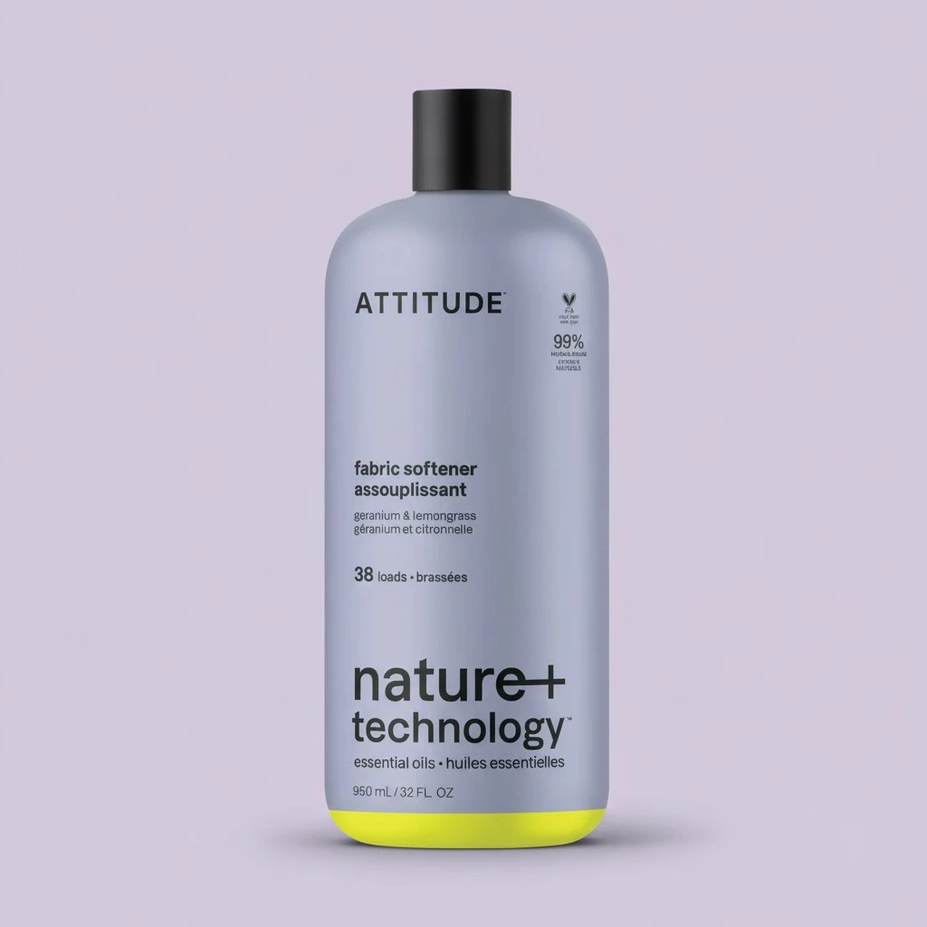 ATTITUDE Liquid Fabric Softener, Natural Origin Ingredients, For White and Colored Clothing, Deodorizes, Gentle on Delicate skin, Infused With Essential Oils, Geranium & Lemongrass, 38 Loads, 32 Fl Oz