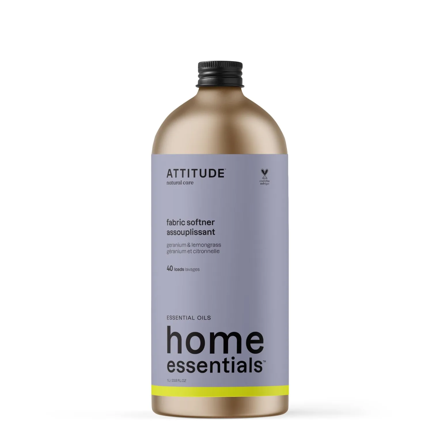 ATTITUDE Fabric Softener with Essential Oils, Vegan, Plant and Mineral-Based Ingredients, HE, Refillable Aluminum Bottle, 40 Loads, Geranium and Lemongrass, 33.8 Fl Oz