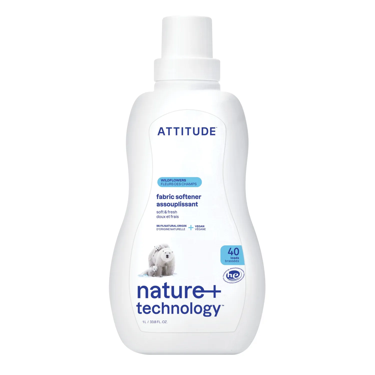 ATTITUDE Laundry Fabric Softener Liquid, Vegan and Naturally Derived Detergent, Plant Based, HE Washing Machine Compatible, Wildflowers, 40 Loads, 33.8 Fl Oz