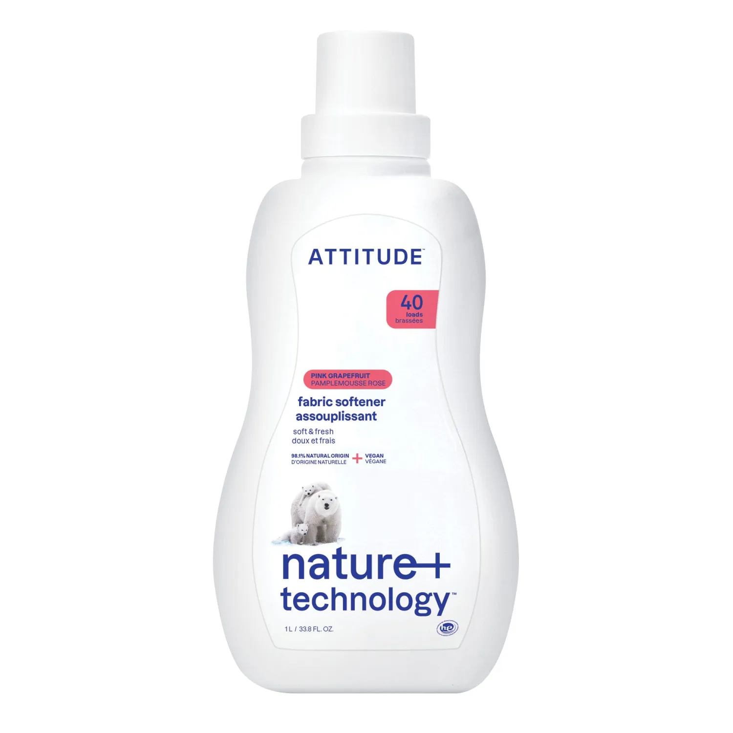 ATTITUDE Laundry Fabric Softener Liquid, Vegan and Naturally Derived Detergent, Plant Based, HE Washing Machine Compatible, Pink Grapefruit, 40 Loads, 33.8 Fl Oz