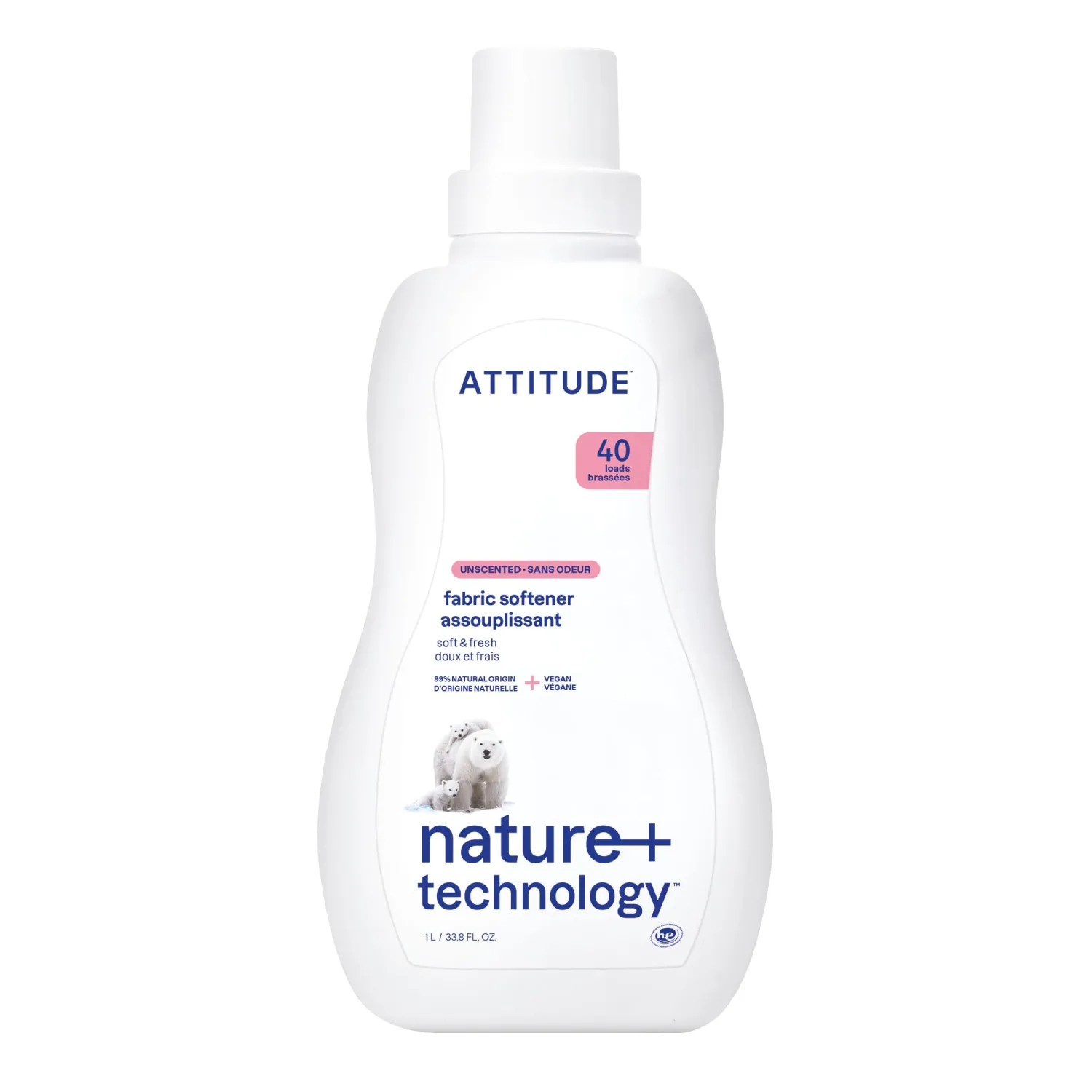 ATTITUDE Laundry Fabric Softener Liquid, Vegan and Naturally Derived Detergent, Plant Based, HE Washing Machine Compatible, Unscented, 40 Loads, 33.8 Fl Oz