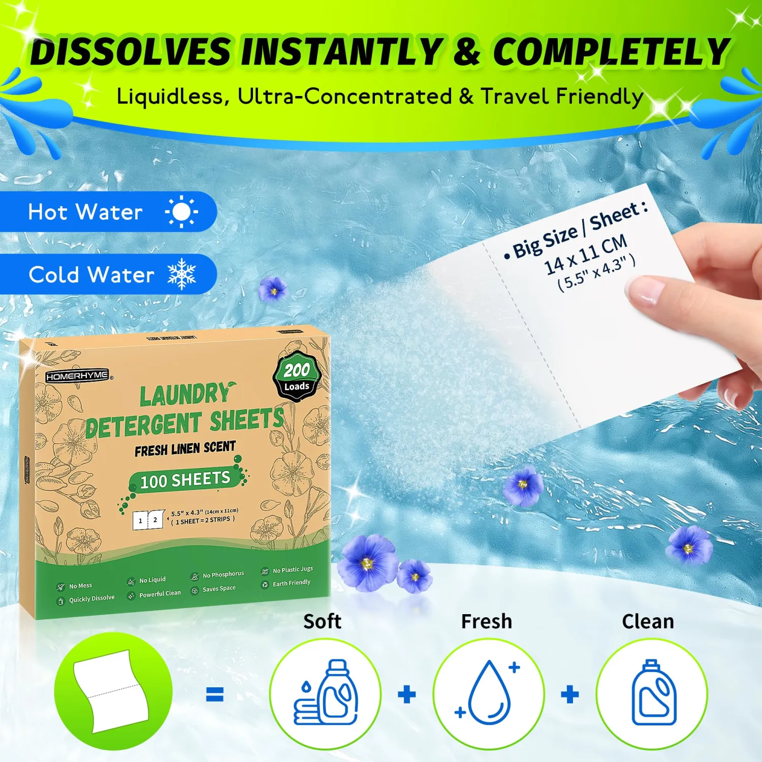 HOMERHYME Laundry Detergent Sheets - Fresh Linen Scent 200 Loads (100 Sheets), Plastic Free Laundry Sheets for Travel, Dorms, Home, Apartments, Eco & Hypoallergenic Detergent Sheets
