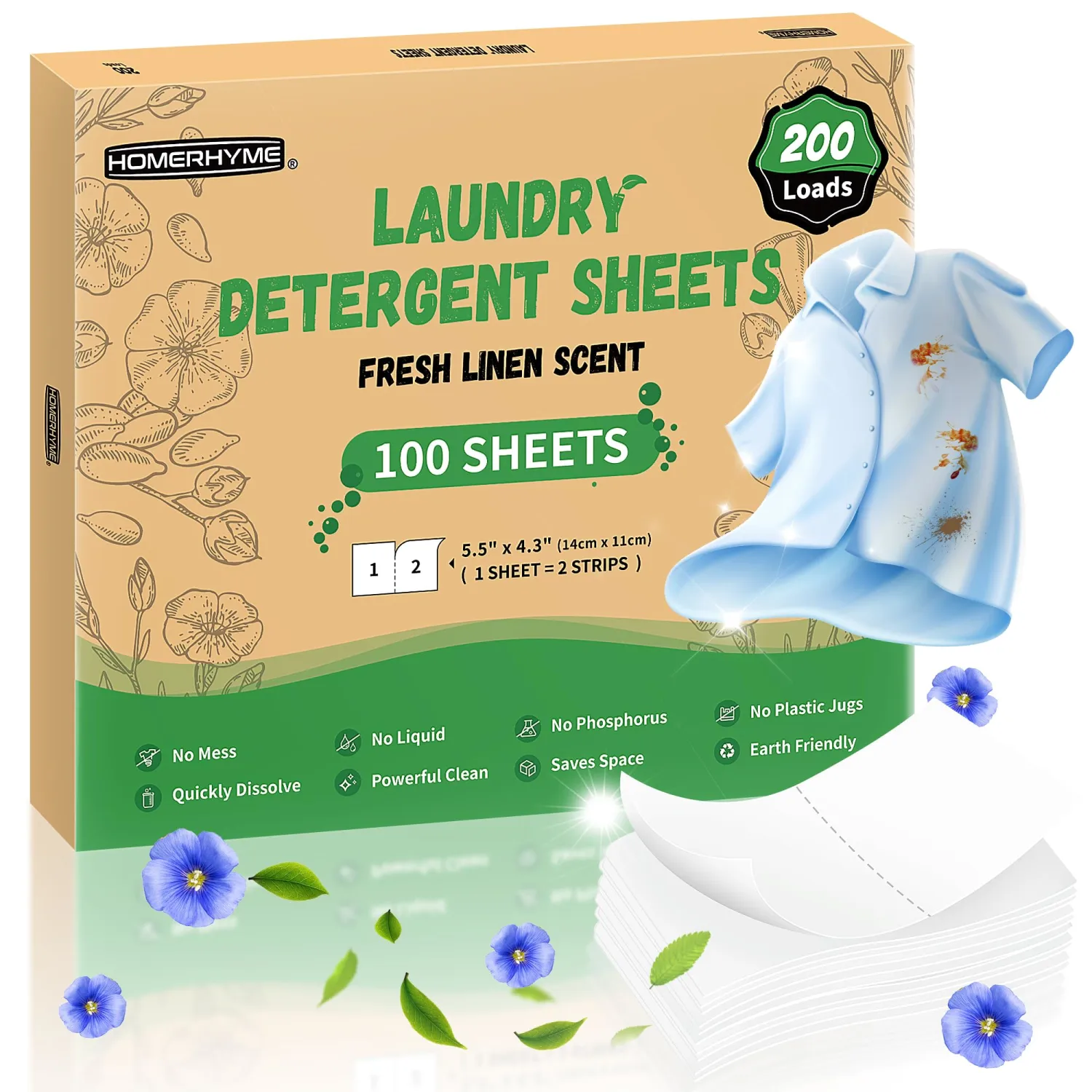 HOMERHYME Laundry Detergent Sheets - Fresh Linen Scent 200 Loads (100 Sheets), Plastic Free Laundry Sheets for Travel, Dorms, Home, Apartments, Eco & Hypoallergenic Detergent Sheets