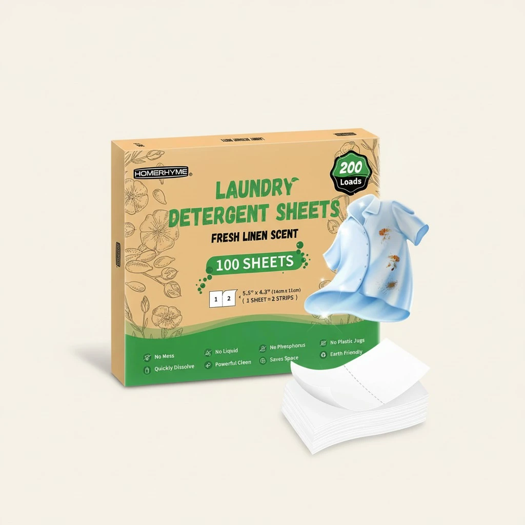 HOMERHYME Laundry Detergent Sheets - Fresh Linen Scent 200 Loads (100 Sheets), Plastic Free Laundry Sheets for Travel, Dorms, Home, Apartments, Eco & Hypoallergenic Detergent Sheets
