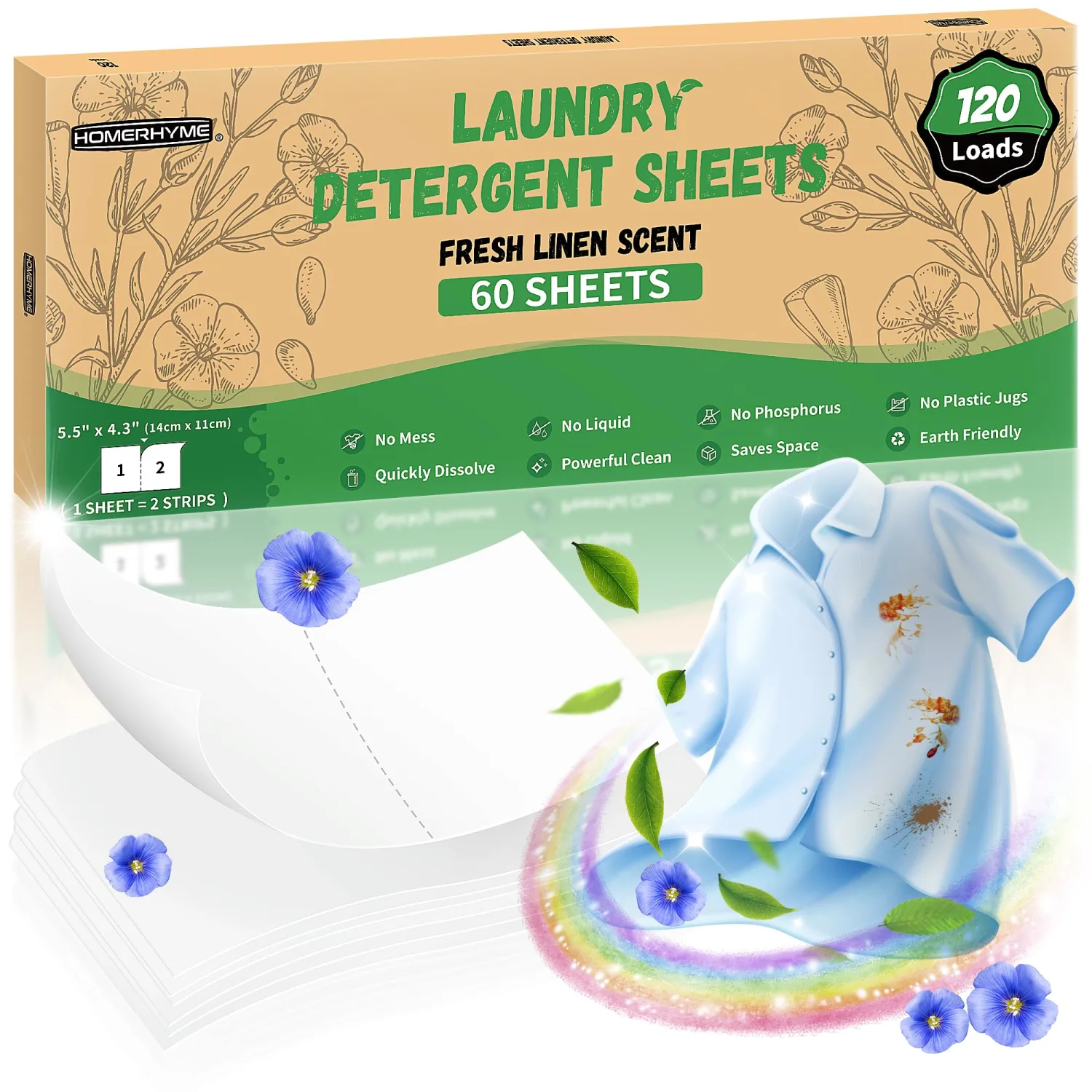 HOMERHYME Laundry Detergent Sheets - Fresh Linen 120 Loads Laundry Sheets Detergent, Bulk Travel Laundry Detergent Eco Friendly & Hypoallergenic Natural Detergent Sheets Strips Laundry Soap Sheets