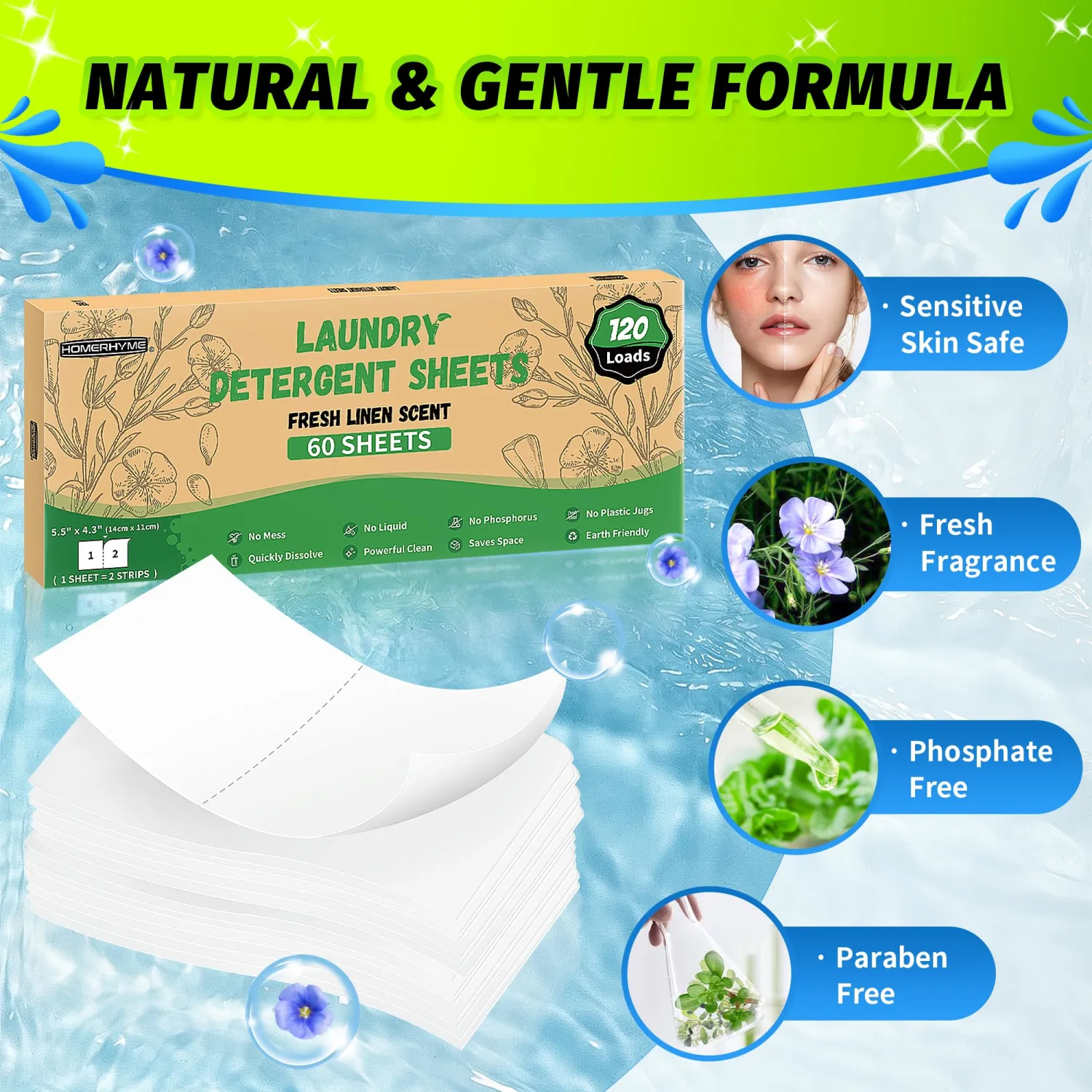 HOMERHYME Laundry Detergent Sheets - Fresh Linen 120 Loads Laundry Sheets Detergent, Bulk Travel Laundry Detergent Eco Friendly & Hypoallergenic Natural Detergent Sheets Strips Laundry Soap Sheets