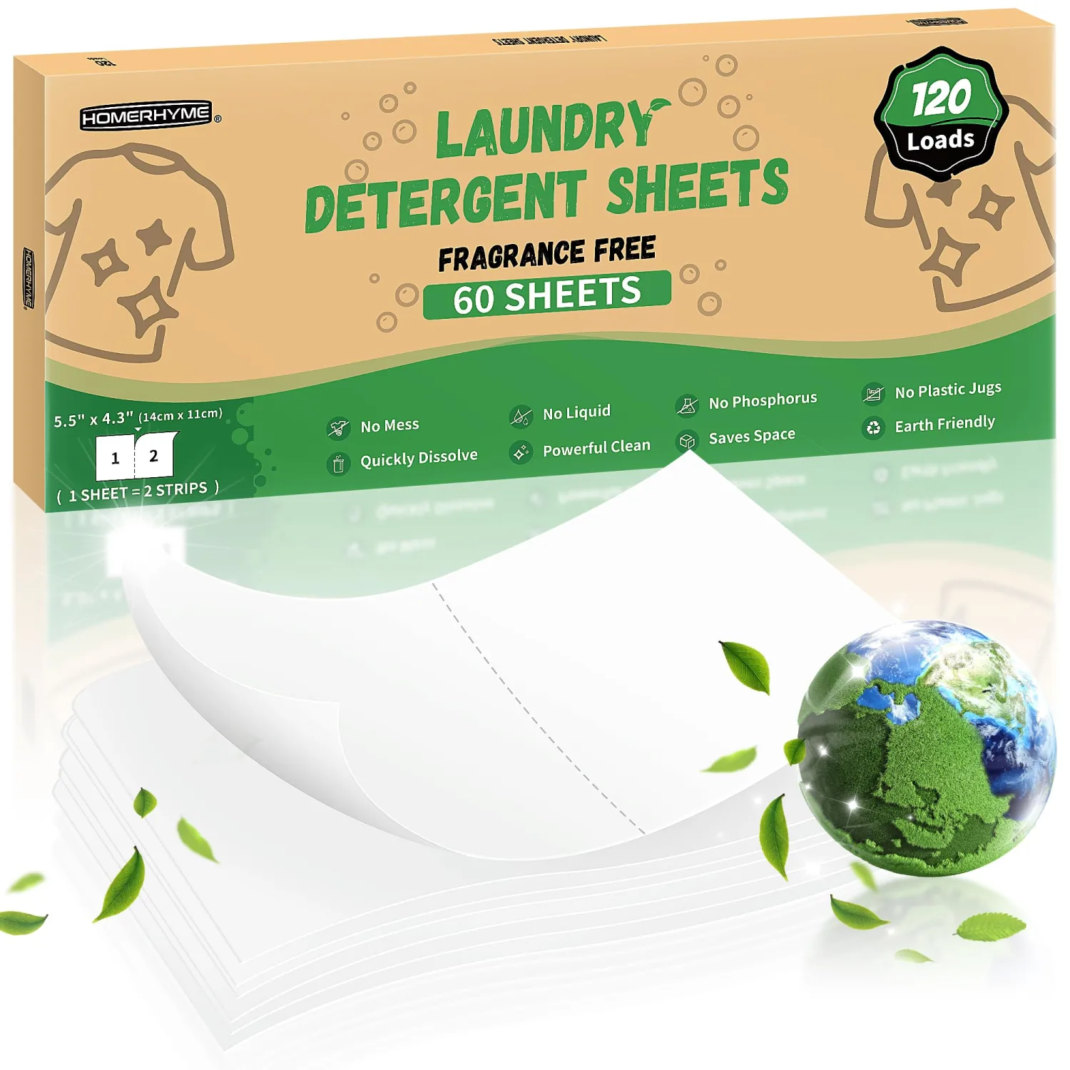 HOMERHYME Laundry Detergent Sheets - Up to 120 Loads (60 Sheets),Unscented,Plastic Free,Laundry Detergent Strips for Travel,Dorms, Home,Apartments,Liquidless Technology,Eco Friendly& Hypoallergenic