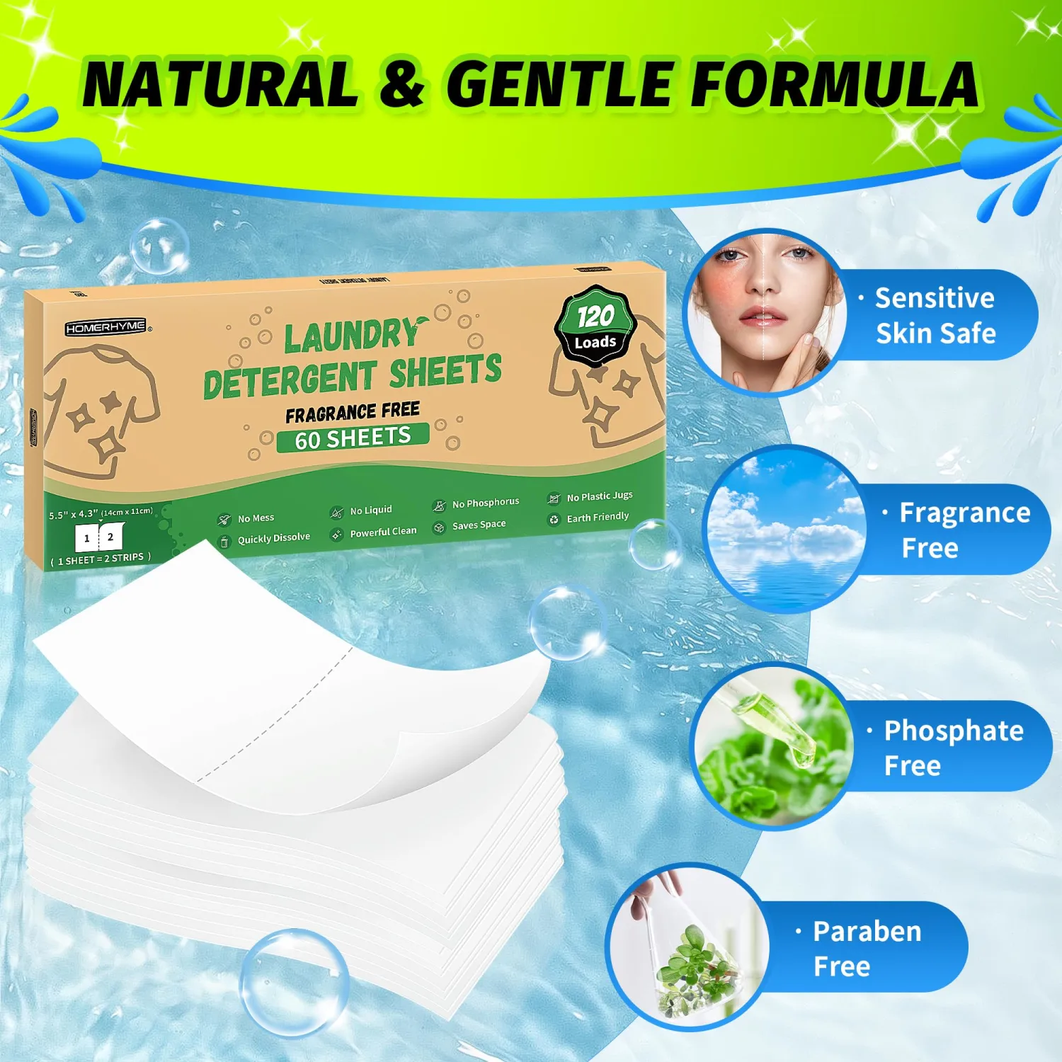 HOMERHYME Laundry Detergent Sheets - Up to 120 Loads (60 Sheets),Unscented,Plastic Free,Laundry Detergent Strips for Travel,Dorms, Home,Apartments,Liquidless Technology,Eco Friendly& Hypoallergenic