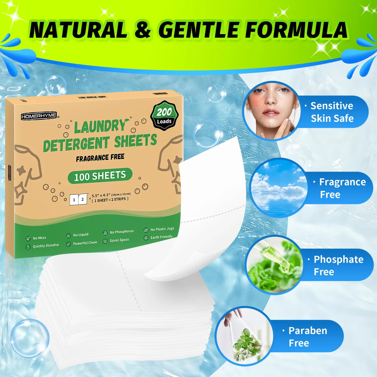 HOMERHYME Laundry Detergent Sheets - 200 Loads Unscented Travel Laundry Detergent, Eco Friendly & Hypoallergenic Cloth Washing Detergent Soap Sheets, Suitable for Sensitive Skin