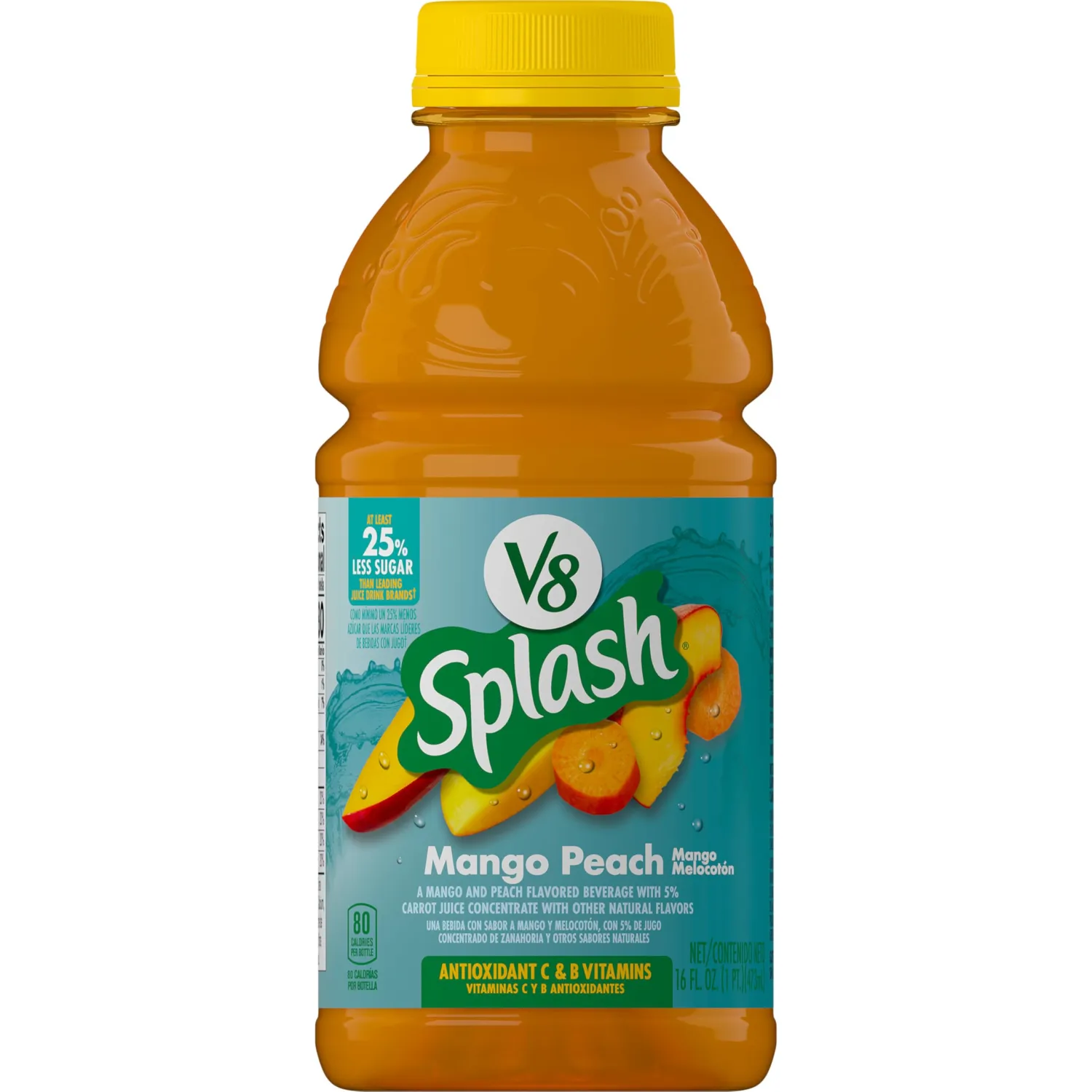 V8 Splash Mango Peach Flavored Juice Beverage, 16 FL OZ Bottle