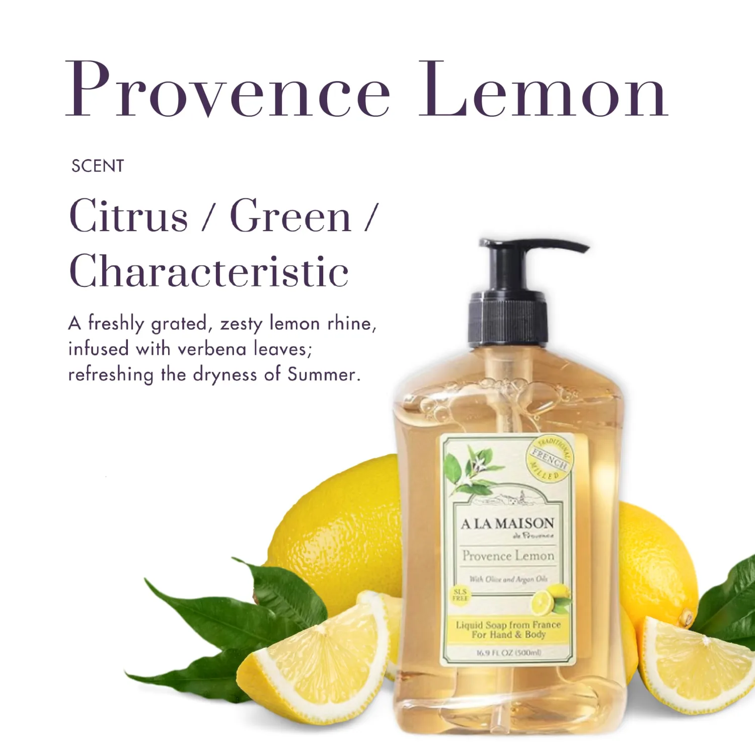 A LA MAISON French Liquid Hand Soap, Provence Lemon - Natural Hand Wash Made with Essential Oils - Biodegradable, Plant-Based, Vegan, Cruelty-Free, Alcohol & Paraben Free (16.9 oz, 1 Pack)