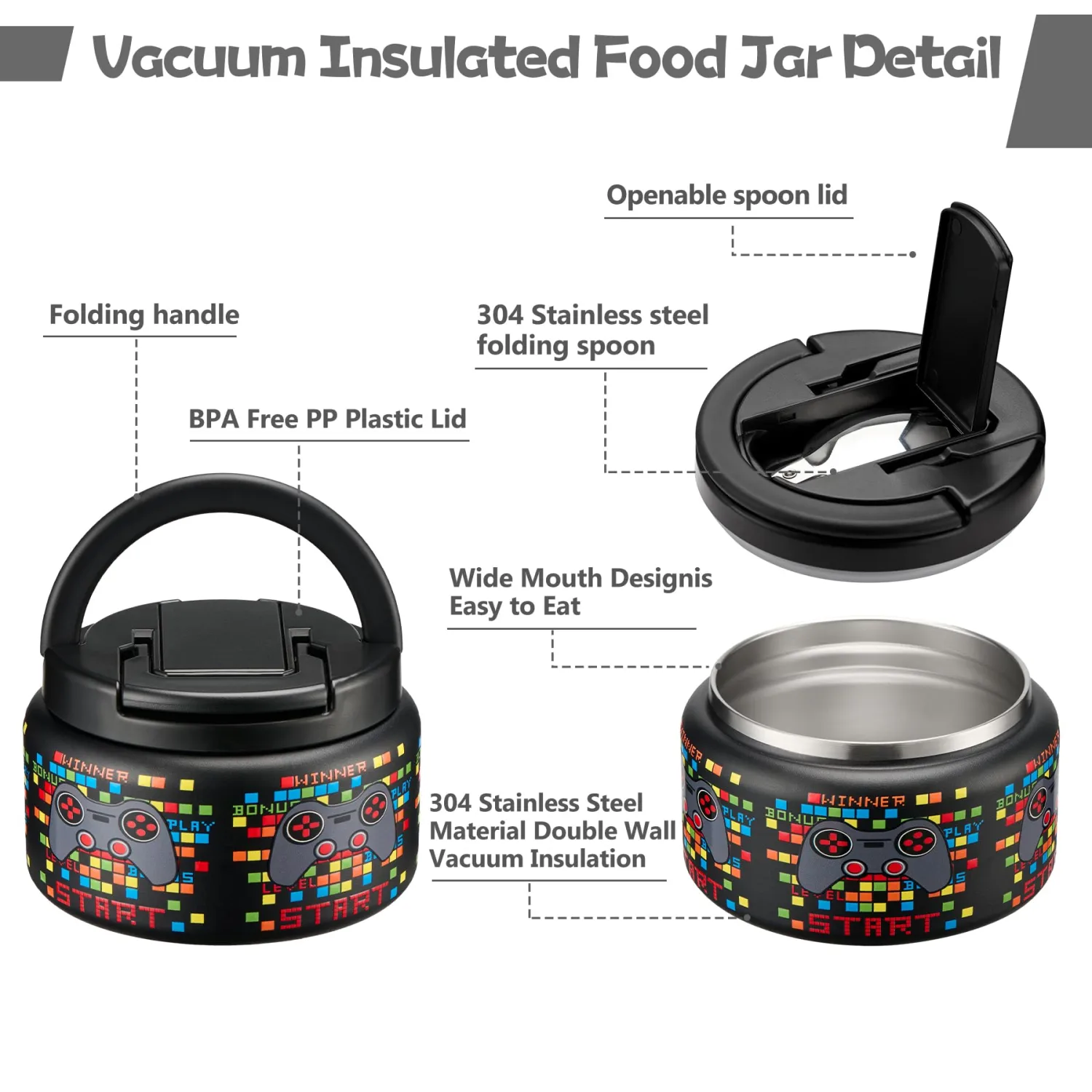 13.5oz Soup Thermo for Hot Food Kids Insulated Vacuum Food Jar with Buckle Lid,Wide Mouth Leakproof Stainless Steel Lunch Container with Spoon-Black Game