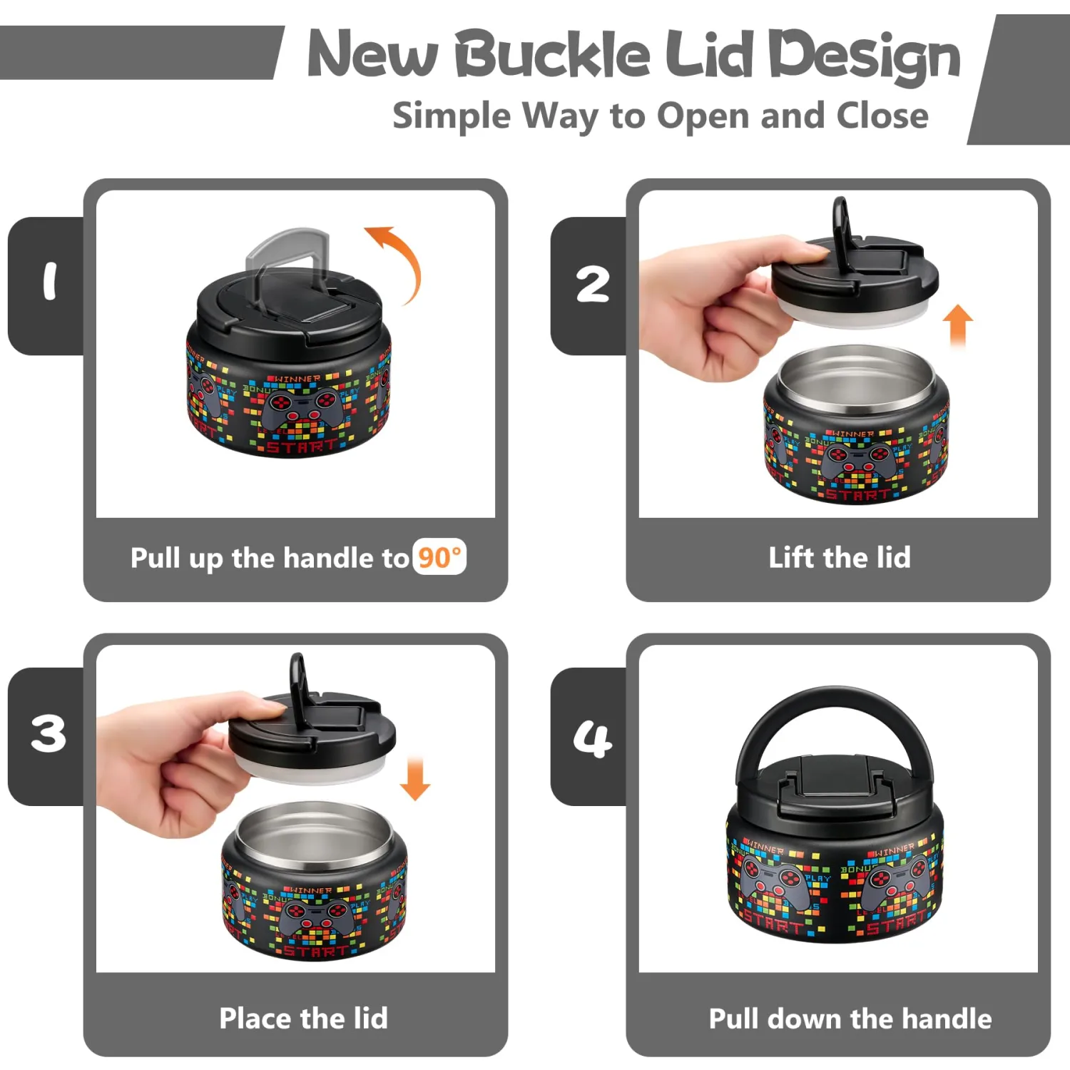 13.5oz Soup Thermo for Hot Food Kids Insulated Vacuum Food Jar with Buckle Lid,Wide Mouth Leakproof Stainless Steel Lunch Container with Spoon-Black Game