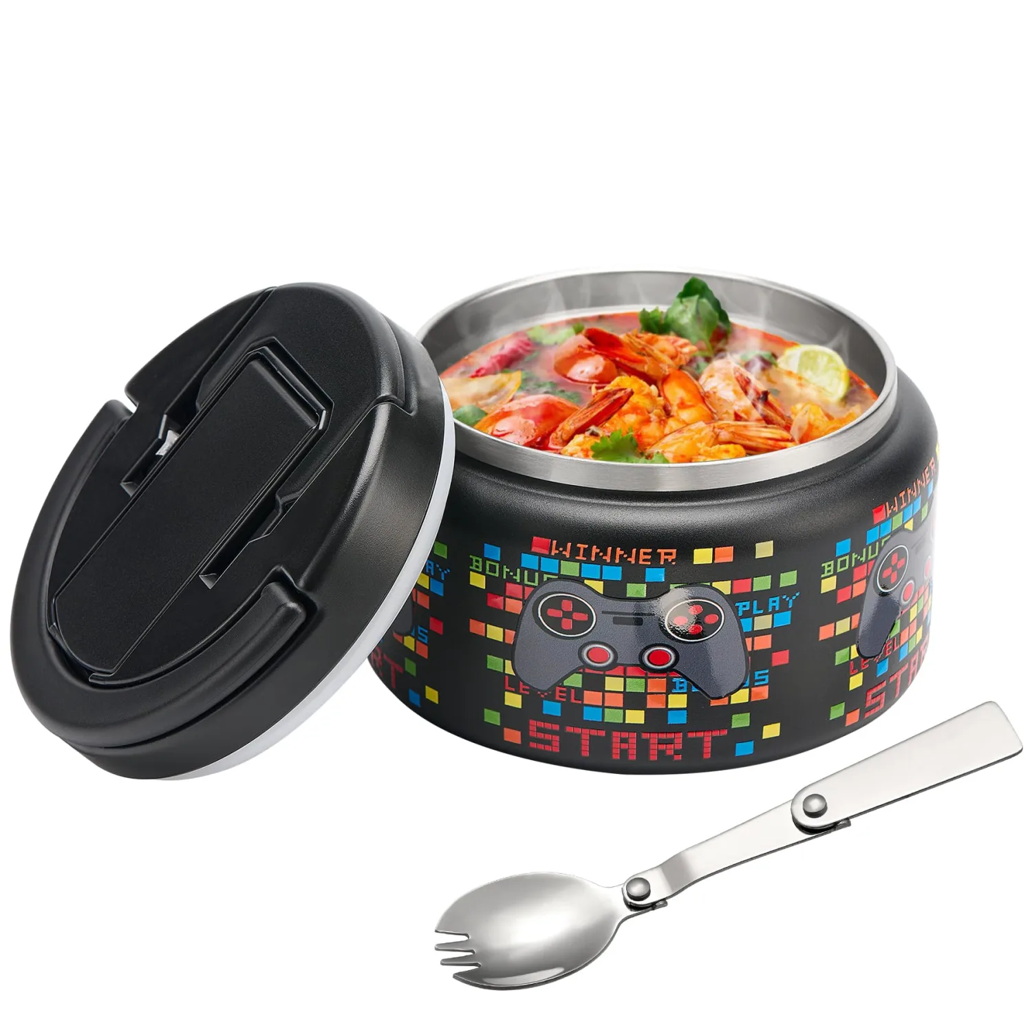 13.5oz Soup Thermo for Hot Food Kids Insulated Vacuum Food Jar with Buckle Lid,Wide Mouth Leakproof Stainless Steel Lunch Container with Spoon-Black Game