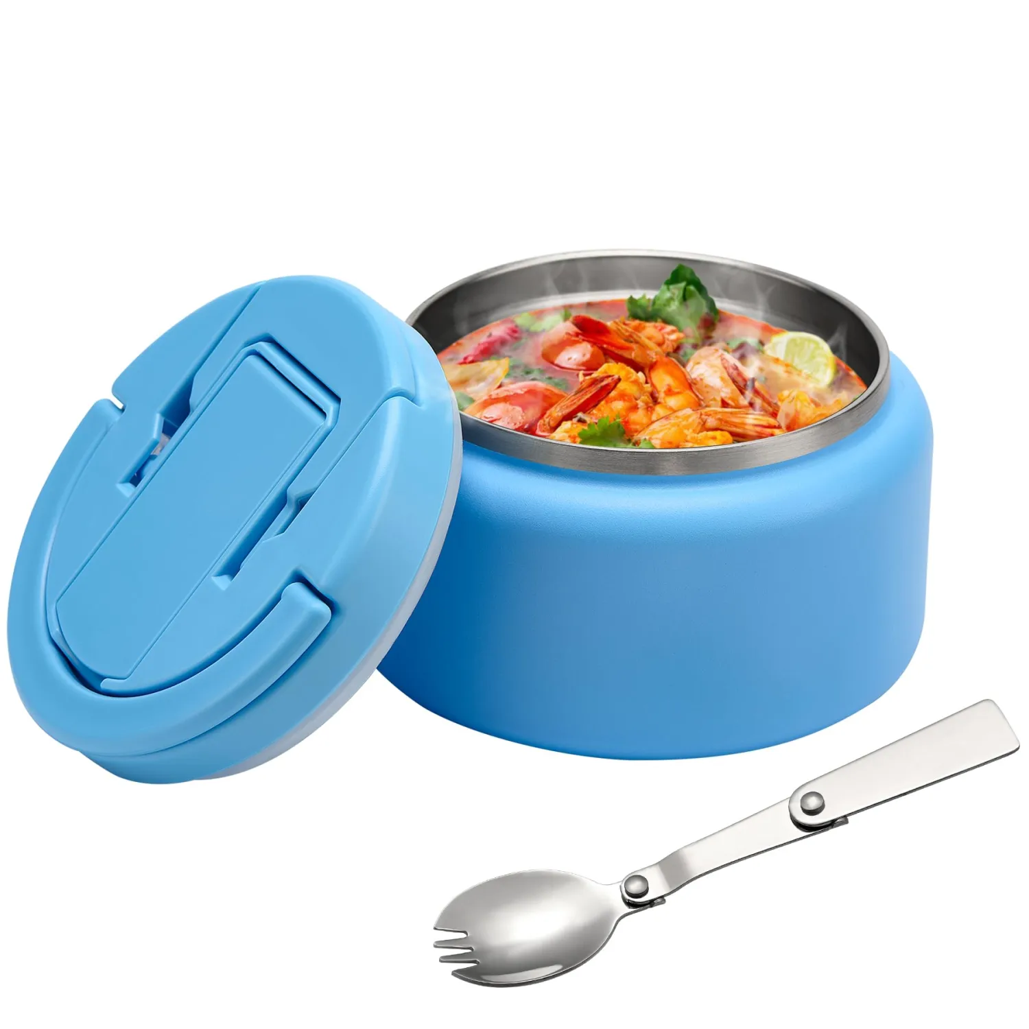13.5oz Soup Thermo for Hot Food Kids Insulated Vacuum Food Jar with Buckle Lid,Wide Mouth Leakproof Stainless Steel Lunch Container with Spoon-Blue