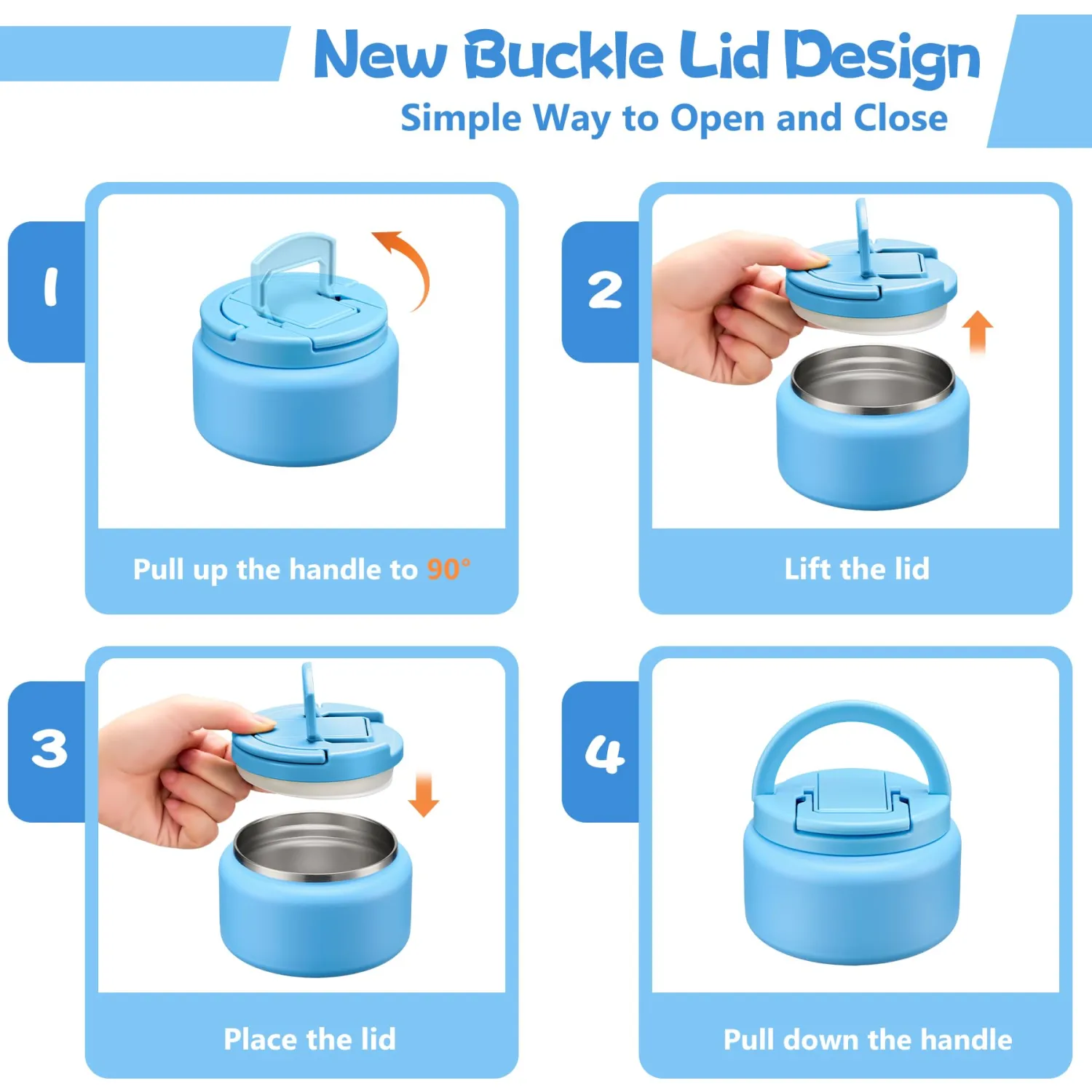 13.5oz Soup Thermo for Hot Food Kids Insulated Vacuum Food Jar with Buckle Lid,Wide Mouth Leakproof Stainless Steel Lunch Container with Spoon-Blue