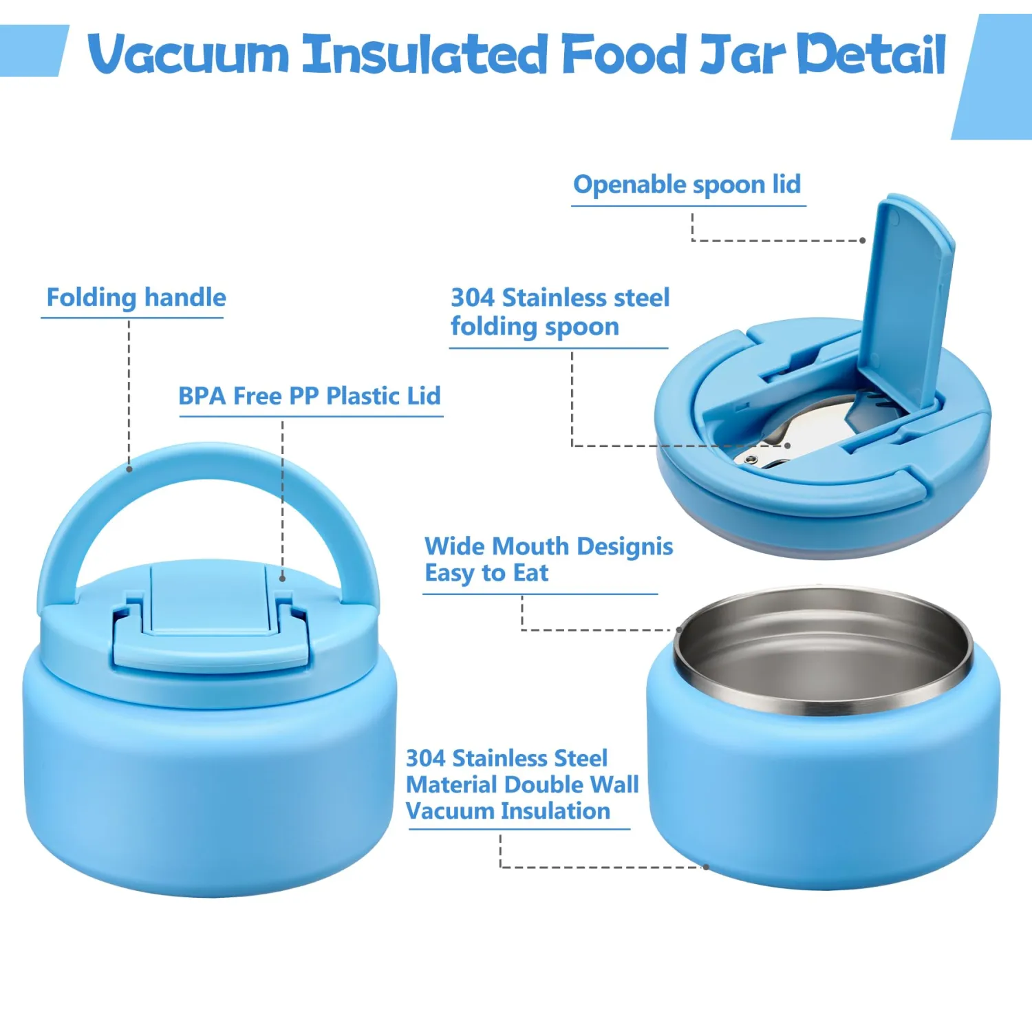 13.5oz Soup Thermo for Hot Food Kids Insulated Vacuum Food Jar with Buckle Lid,Wide Mouth Leakproof Stainless Steel Lunch Container with Spoon-Blue